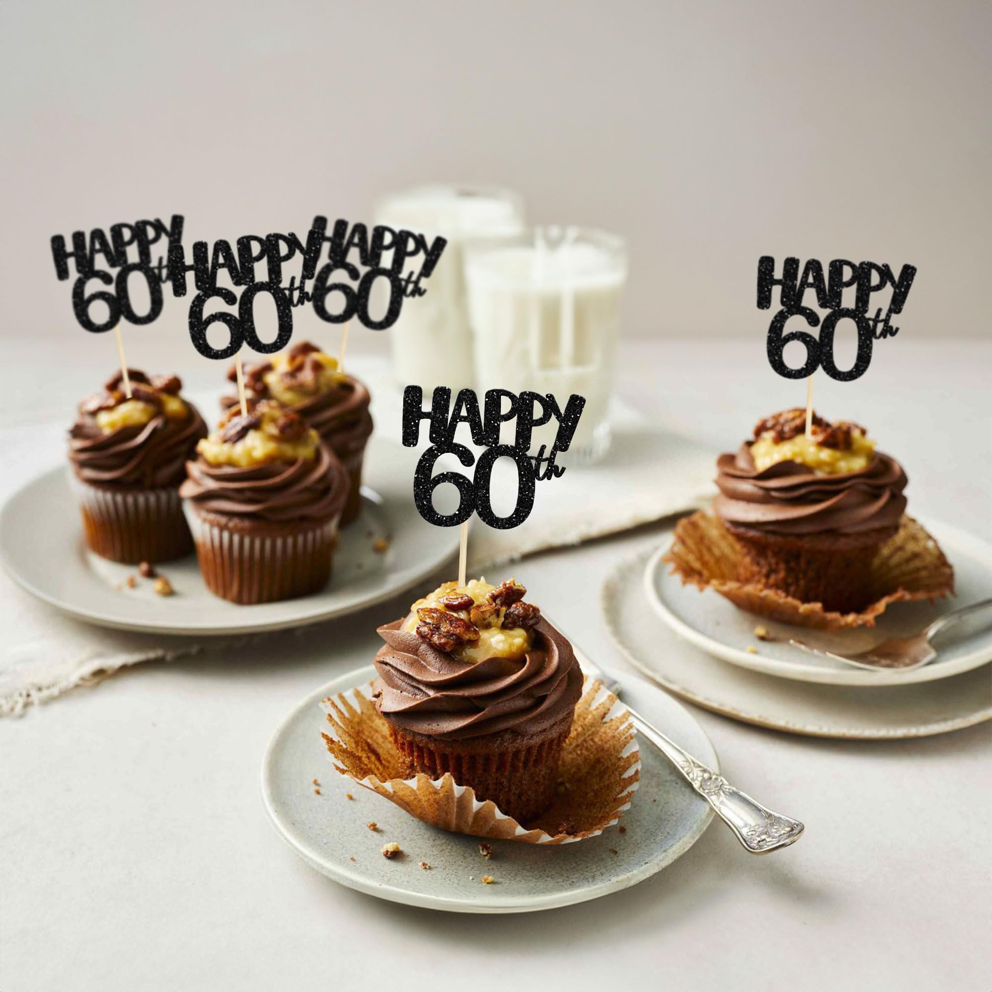 Gyufise Cupcake-Aufsätze 60. Geburtstag – 24 Stück, Glitzernd, Schwarz, 6,5x12,4 Cm