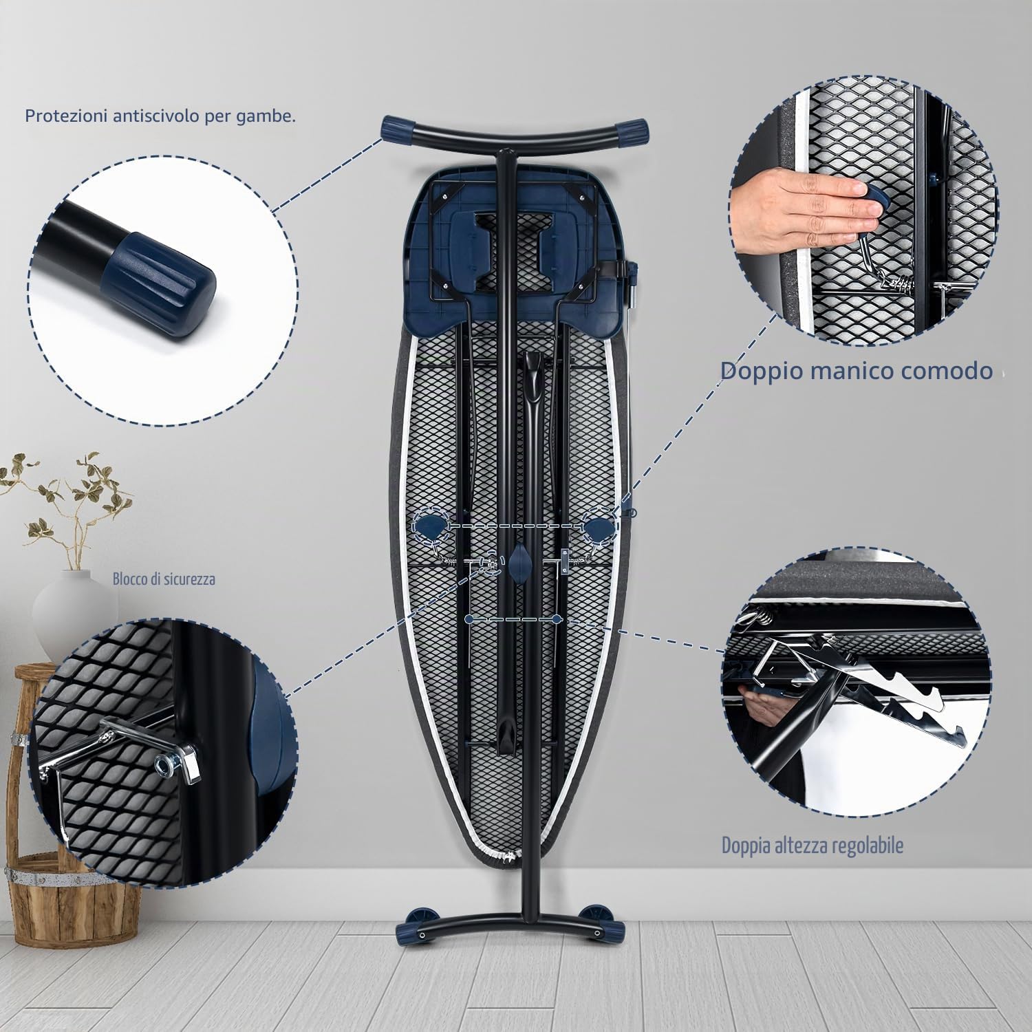Duwee - Asse da stiro extra larga con ruote, asse da stiro extra larga per ferri con generatore di vapore, gambe robuste e pieghevoli, imbottitura in feltro da 10 mm, nera, 135 x 46 cm