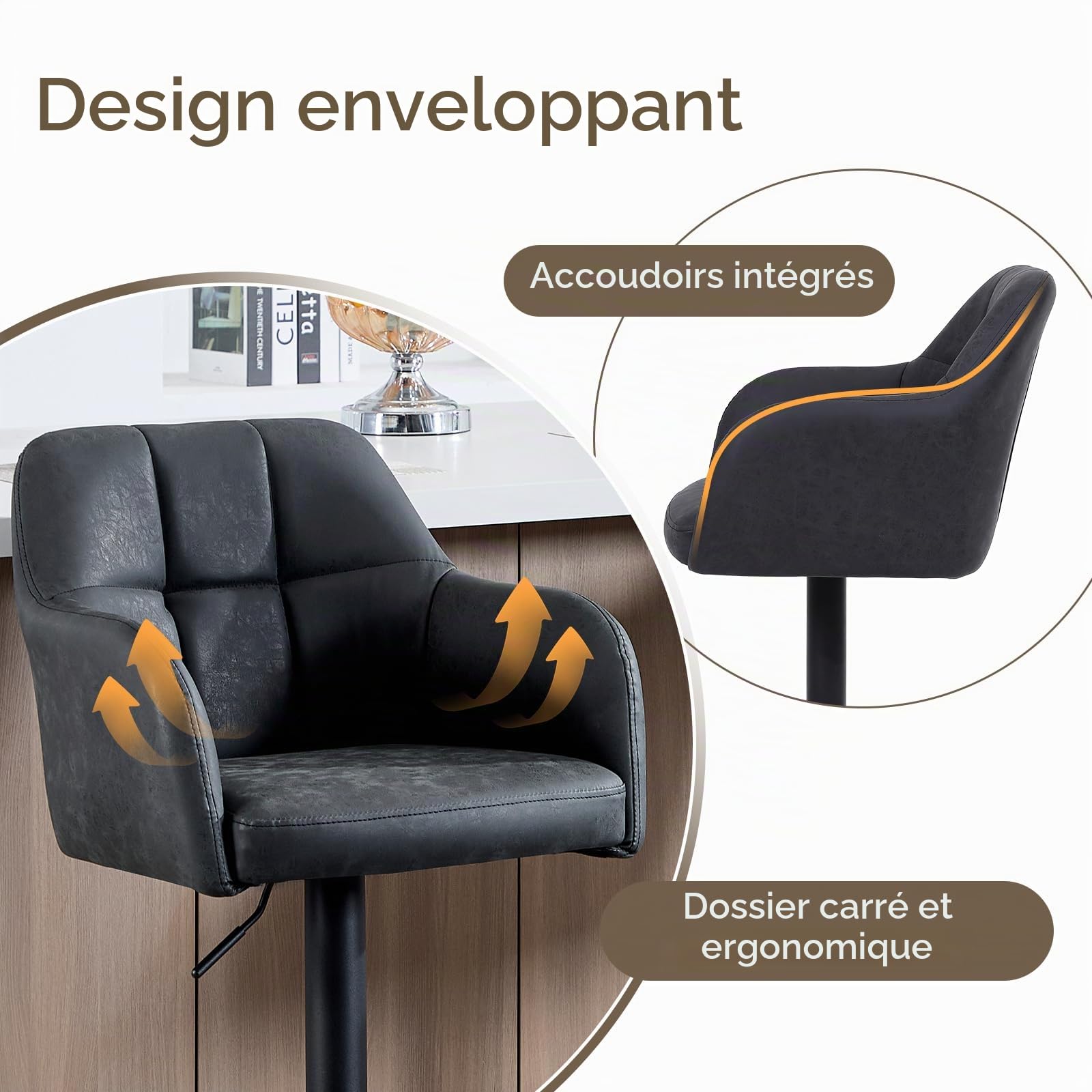 Tabourets de Bar Lot de 4 pivotants Modernes en Cuir Anthracite