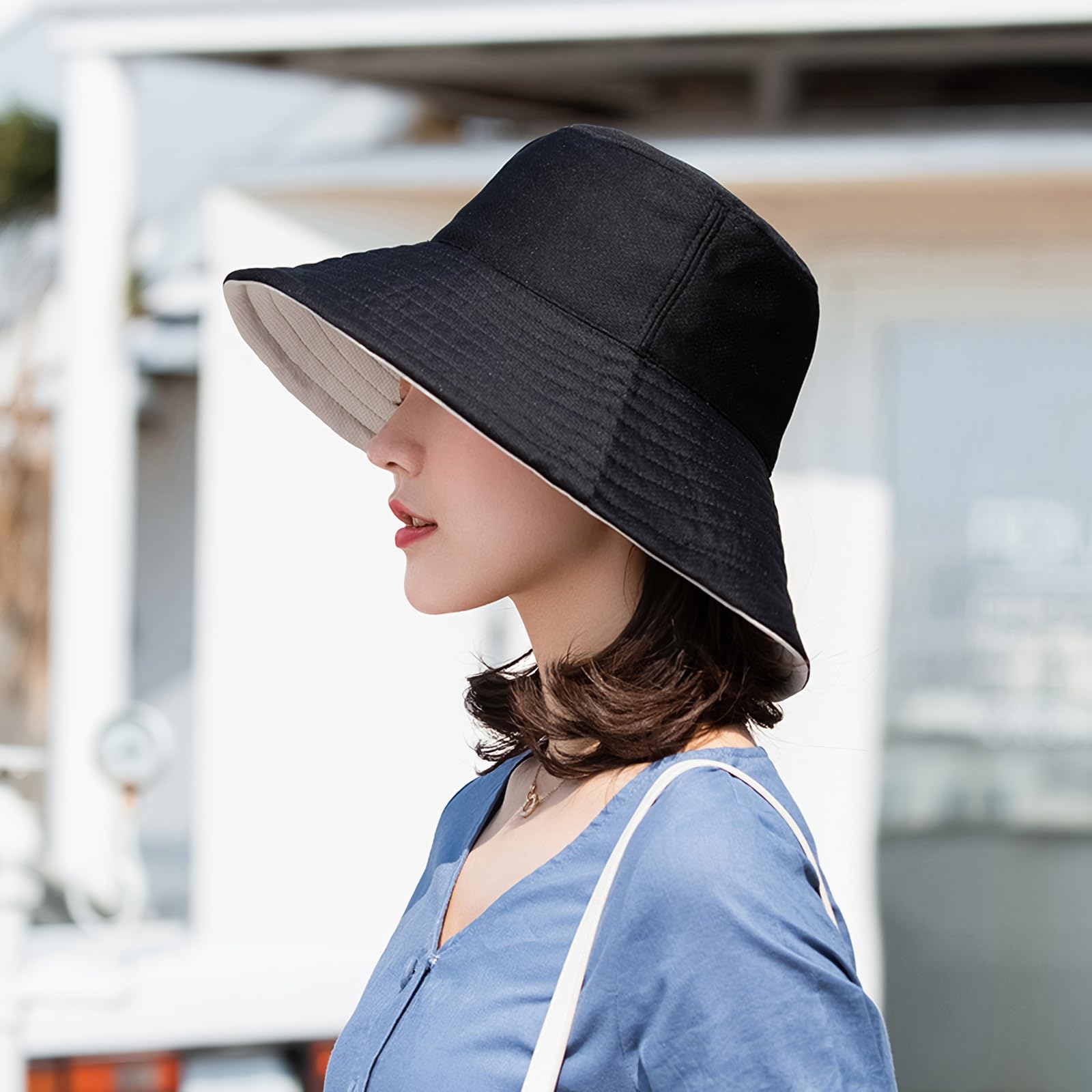 LumiSyne Chapeau De Pêcheur Unisexe Chapeau De Soleil à Bord Large UPF 50+ Couleur Unie Réversible Respirant Coton Chapeau De Seau avec Jugulaire Détachable Pliable Chapeau d'Été pour Plage Voyage