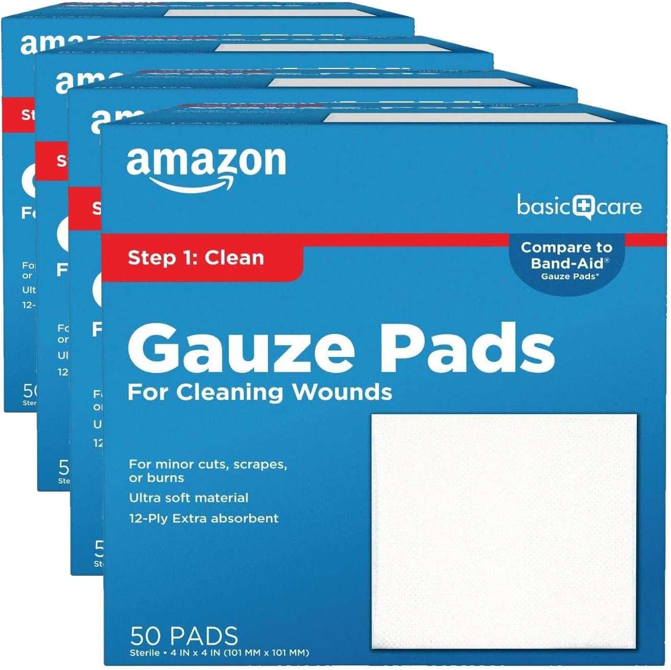 Amazon Basic Care Gauze Pads, 4x4 inches, Sterile, 50 Count | Pack of 4 | For Minor Injuries | Previously All Health