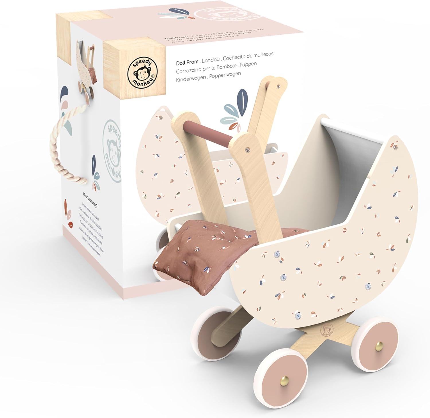 SPEEDY MONKEY My First Doll Set with Pram – FSC Wooden Stroller & Carriage for Kids with Bedding | Rabbit Baby Doll Playset with Feeding Accessories, Bib & Diaper Pad | Role Play Gift for Girls & Boys