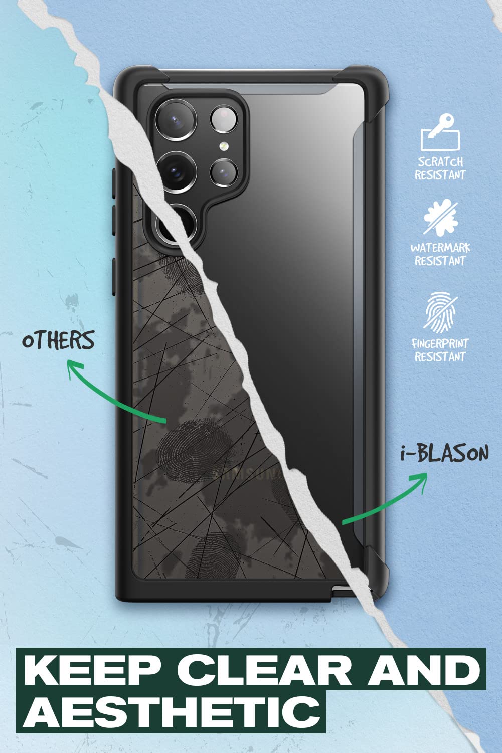 i-Blason Funda Para Galaxy S22Ultra [Ares] Resistente Parachoques Anti-arañazos Case Panel Posterior Transparente Slim Carcasa (Negro)