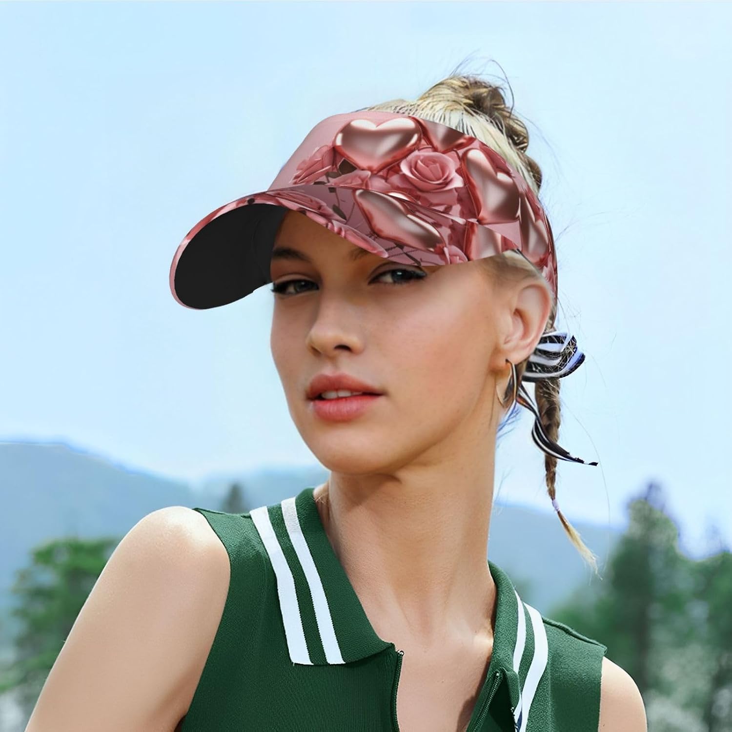 Pink Rose Balloon Heart Sports Sun Visor Hats Empty Top Baseball Cap Summer Tennis Golf Visor Caps for Women Men