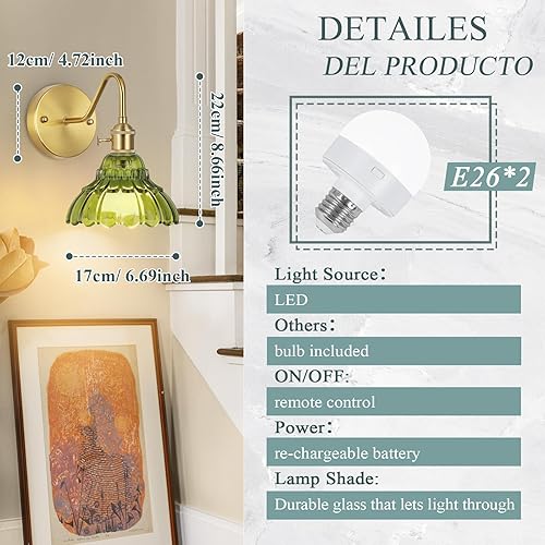 Miniatura 6 de Juego de dos apliques de pared vintage que funcionan con pilas, para interiores, no cableados, de latón y cristal verde, luces de pared RGB