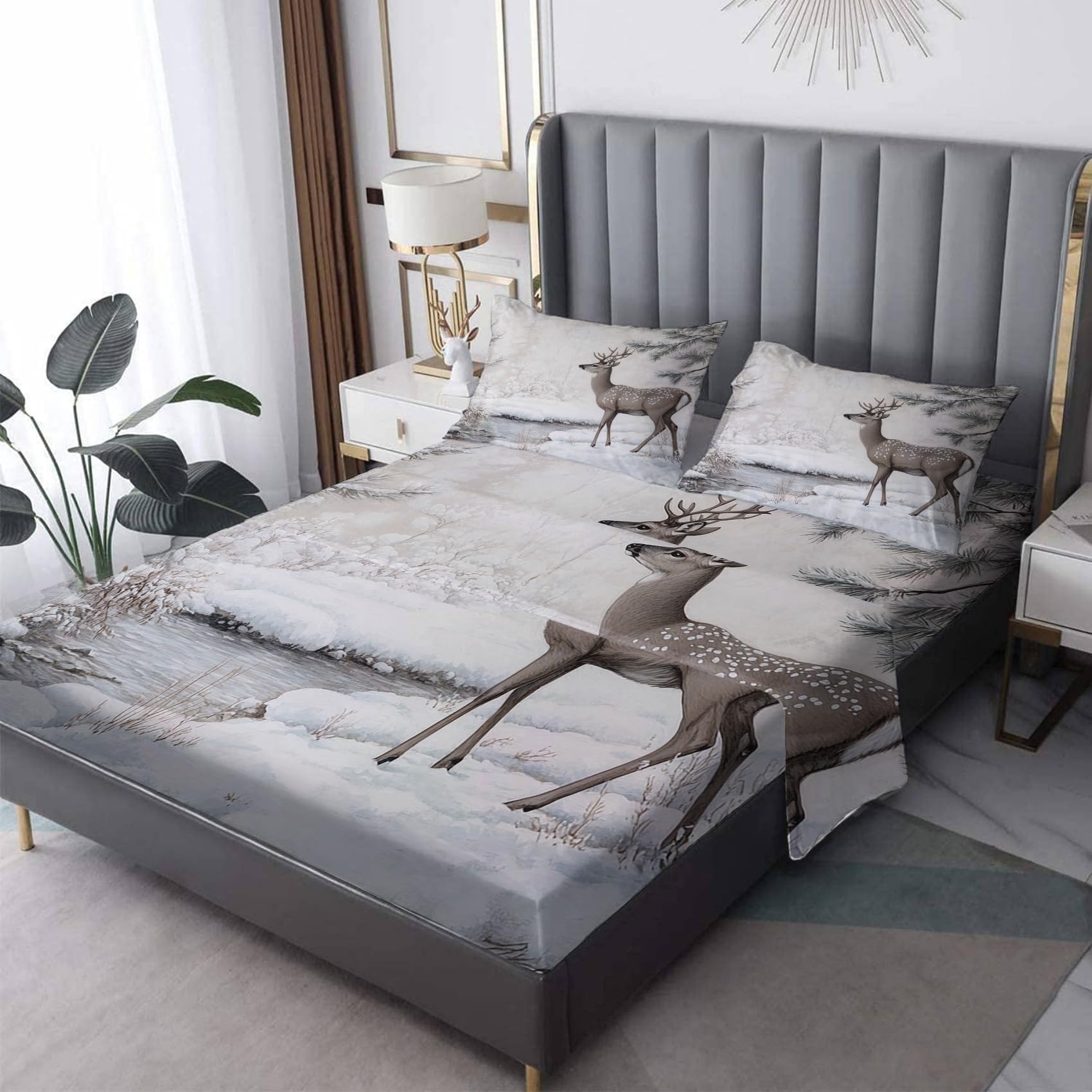 Zvynqour Deer Bed Sheets King Size - Wild Animal Sheet Set - Deep Pocket Fitted Sheets & Flat Sheet & Pillowcases 4 Piece - Wildlife Bedding & Decor - Soft Brushed Microfibe