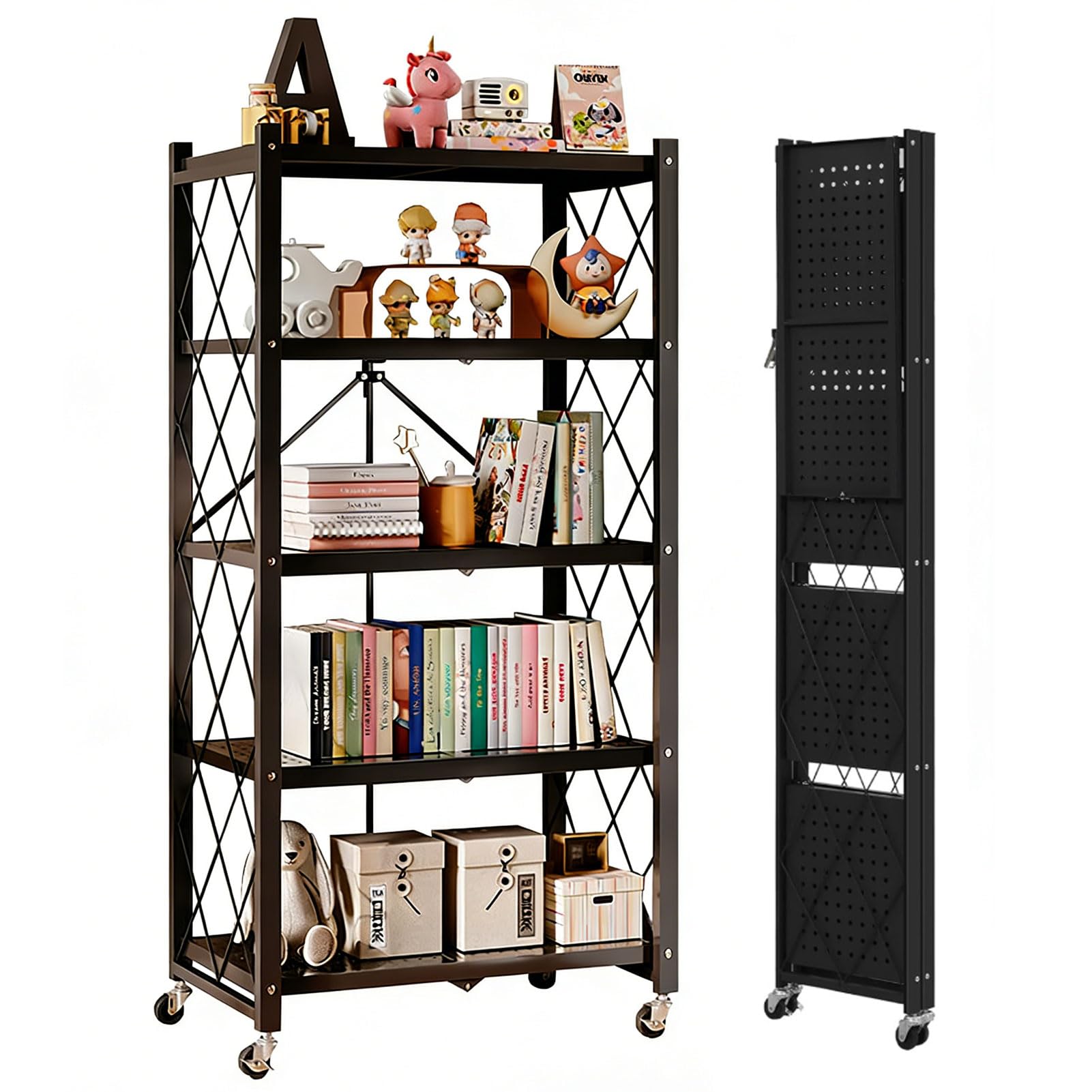 Regal mit Rollen Klappregal 5 Ablagen (Schwarz, 162 x 71 x 35 cm)