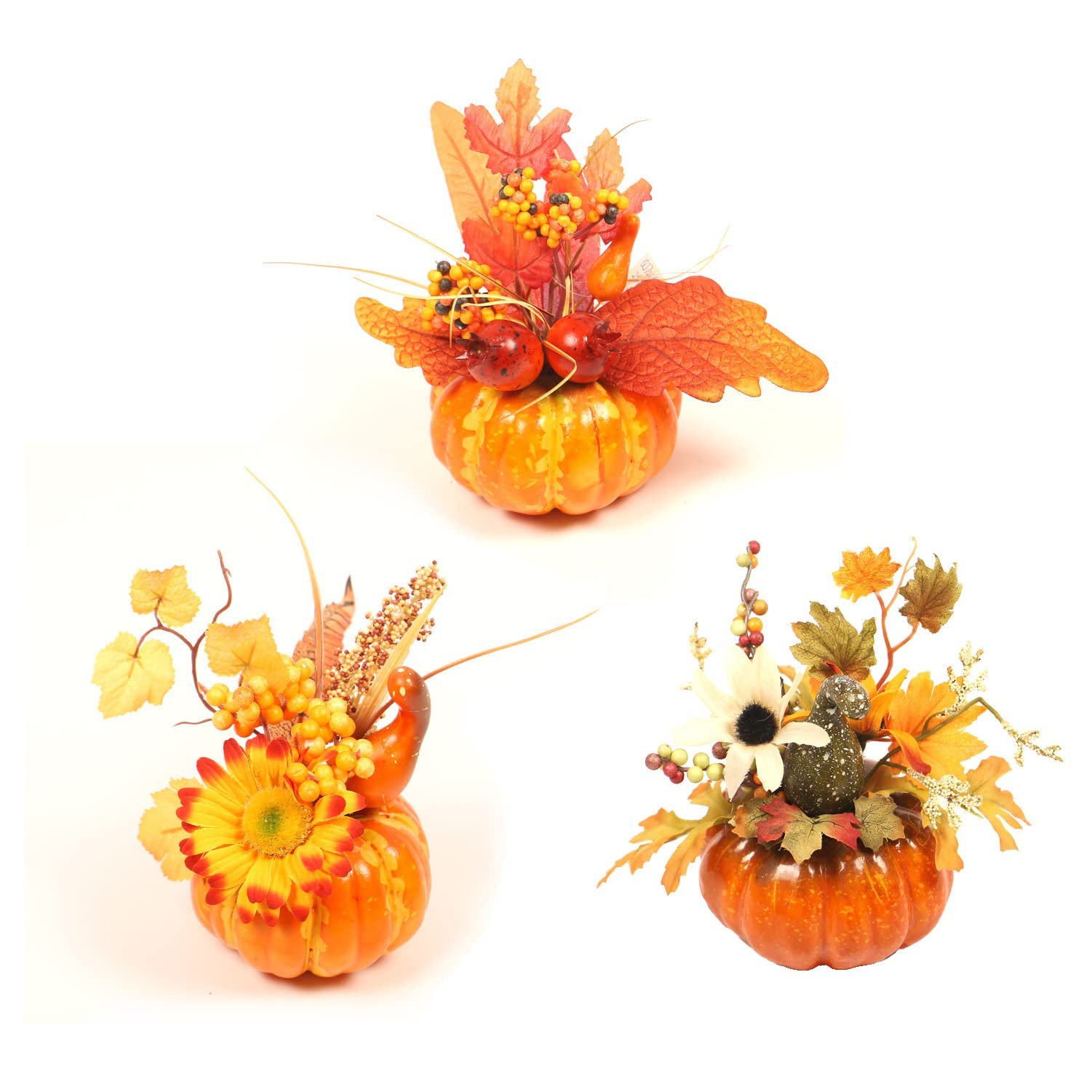3 Pezzi di zucche Artificiali Set di zucche Artificiali per Decorazioni finte zucche finte con Foglie di Acero Girasoli di Bacche per Il fulcro dell'Autunno di Halloween del Ringraziamento