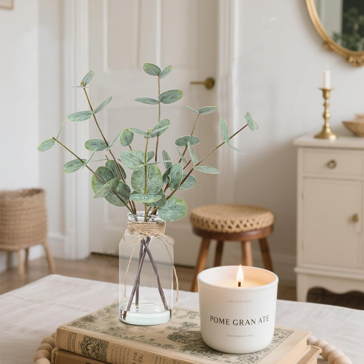 Artificial Eucalyptus Stems in Glass Vase with Faux Water, 15" Eucalyptus Fake Plants with Double-Sided Green Leaves for Home, Bathroom, Office, Farmhouse, Shelf Coffee Table Decor - Image 4