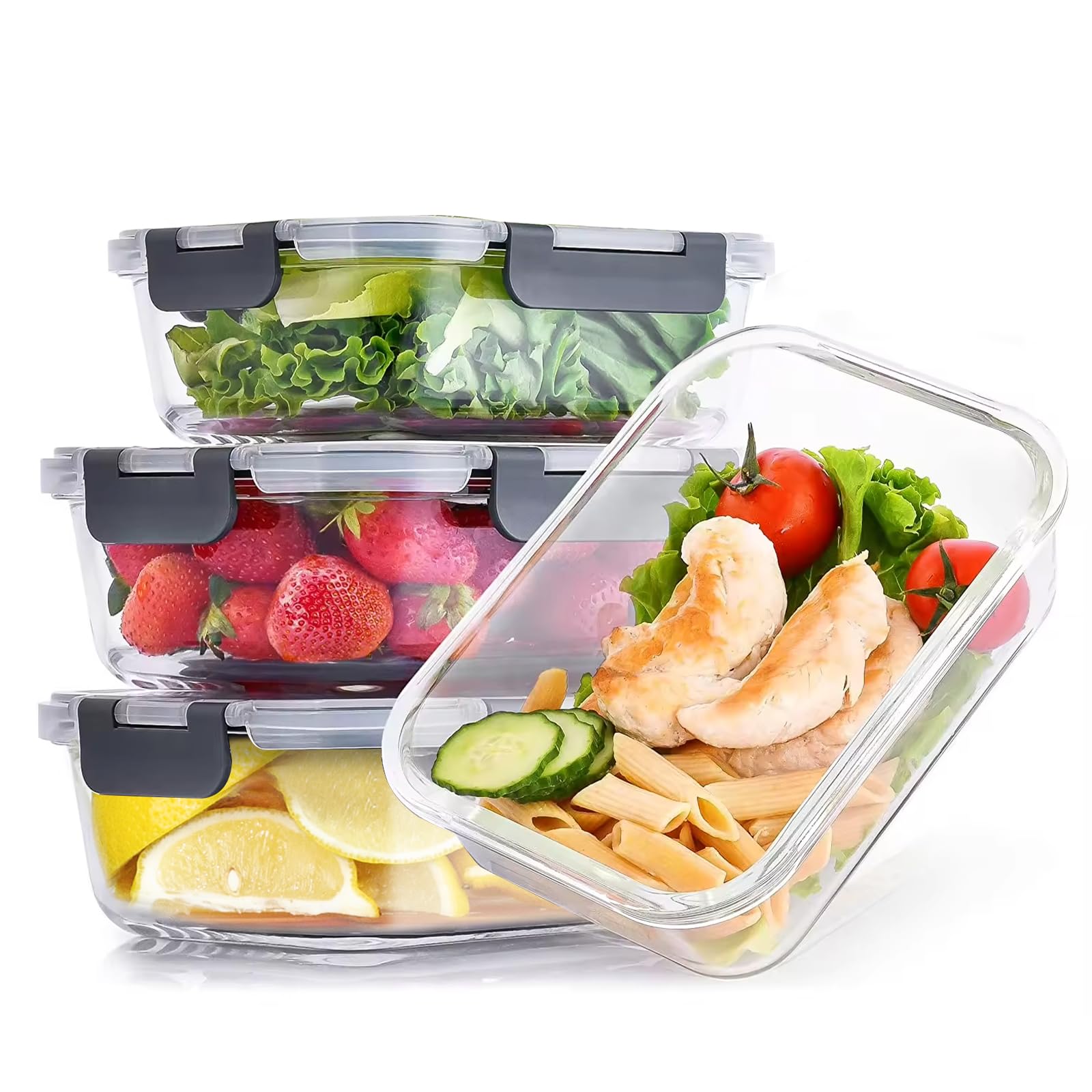 Woobroo Glass Container Food Storage with Lids, 4 Pack Meal Prep Containers Set, Airtight Lunch Containers, Leak Proof, BPA Free Glass Lunch Bento Boxes for Microwave, Oven, Freezer and Dishwasher