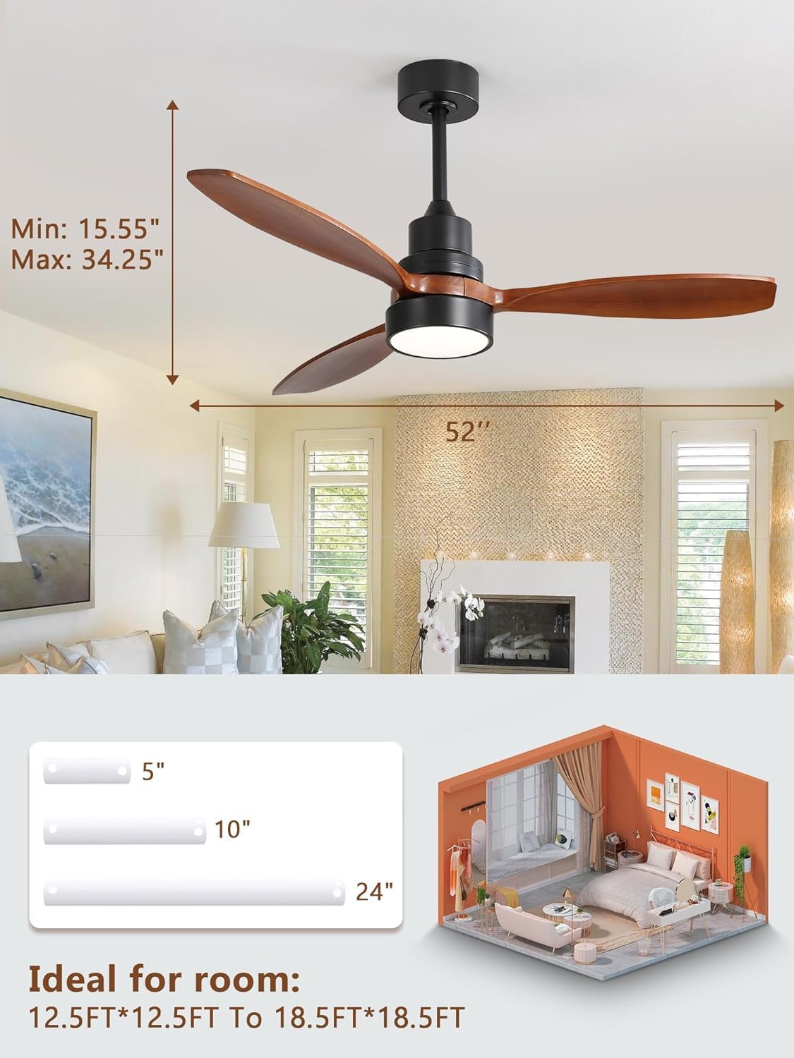 Sofucor 52 Inch Ceiling Fans with Lights and Remote, Solid Wood Indoor/Outdoor Ceiling Fan Light with Reversible DC Motor, Low Profile Modern 3 Blade Fan Light for Bedroom Living Room Farmhouse Patio
