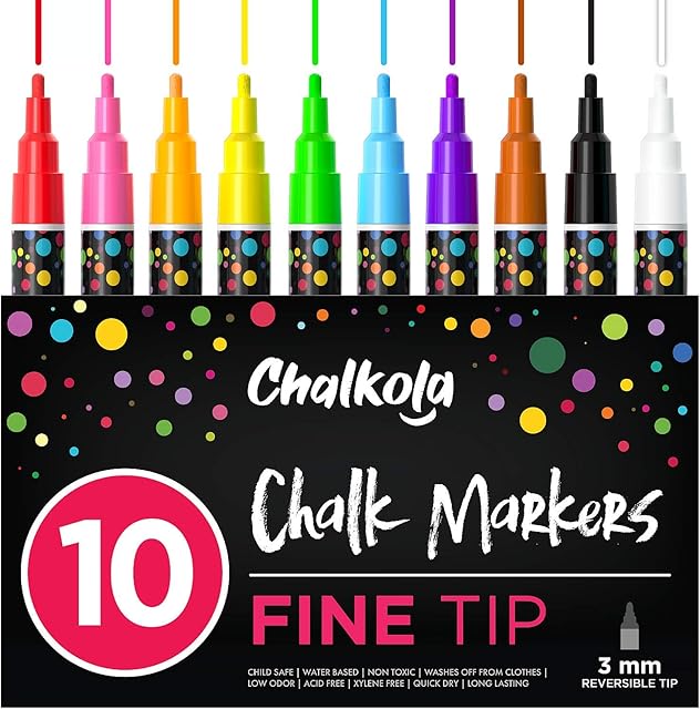 Chalkola 10 Fine Tip Liquid Chalk Pens for Chalkboard Signs, Blackboard, Window, Labels, Bistro, Glass, Car (10 Pack 3mm) - Wet Wipe Erasable Ink Chalk Board Markers, 3mm Reversible Tip Chalk Pens