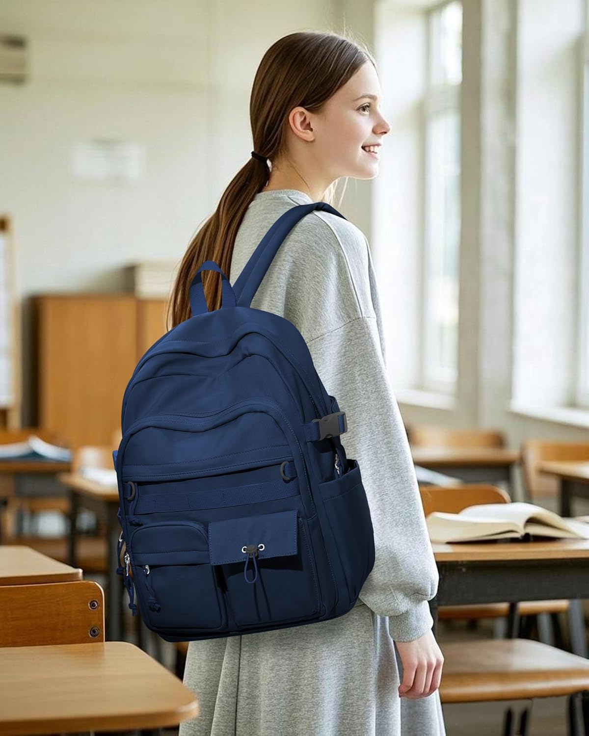 Aesthetic School Backpack for Women Men College Backpack With Lots Of Pockets Waterproof Travel Casual Daypack Cute Bookbag For Teens Girls Boys High School Bag(Blue) - Image 7