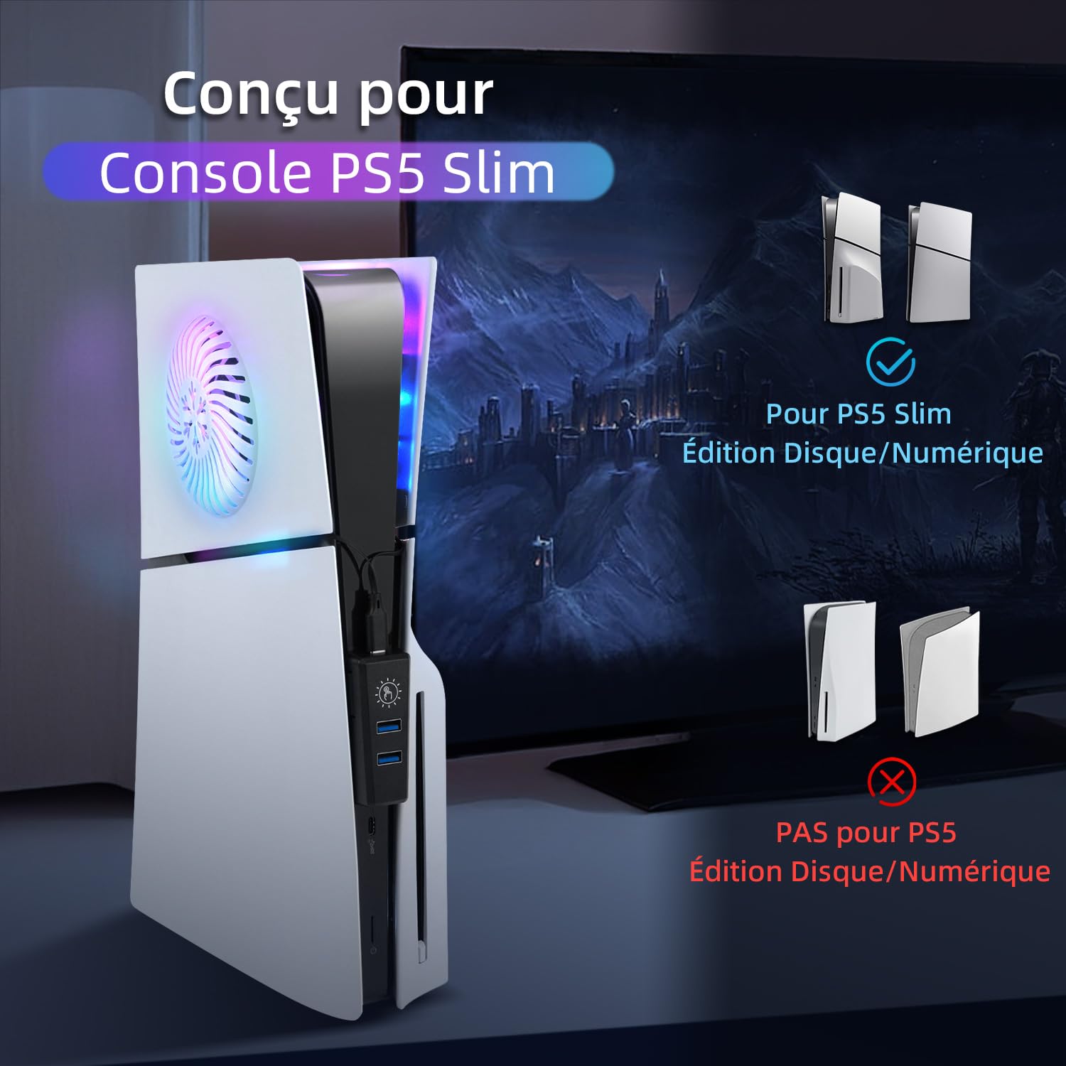 Mcbazel LED RGB Strip avec Trou de Refroidissement, Plaque Frontale de Remplacement, 2 Ports USB Hub, Accessoires de Jeu pour PS5 Slim Disc/Digital Edition – Blanc.(Non pour PS5/PS5 Pro)