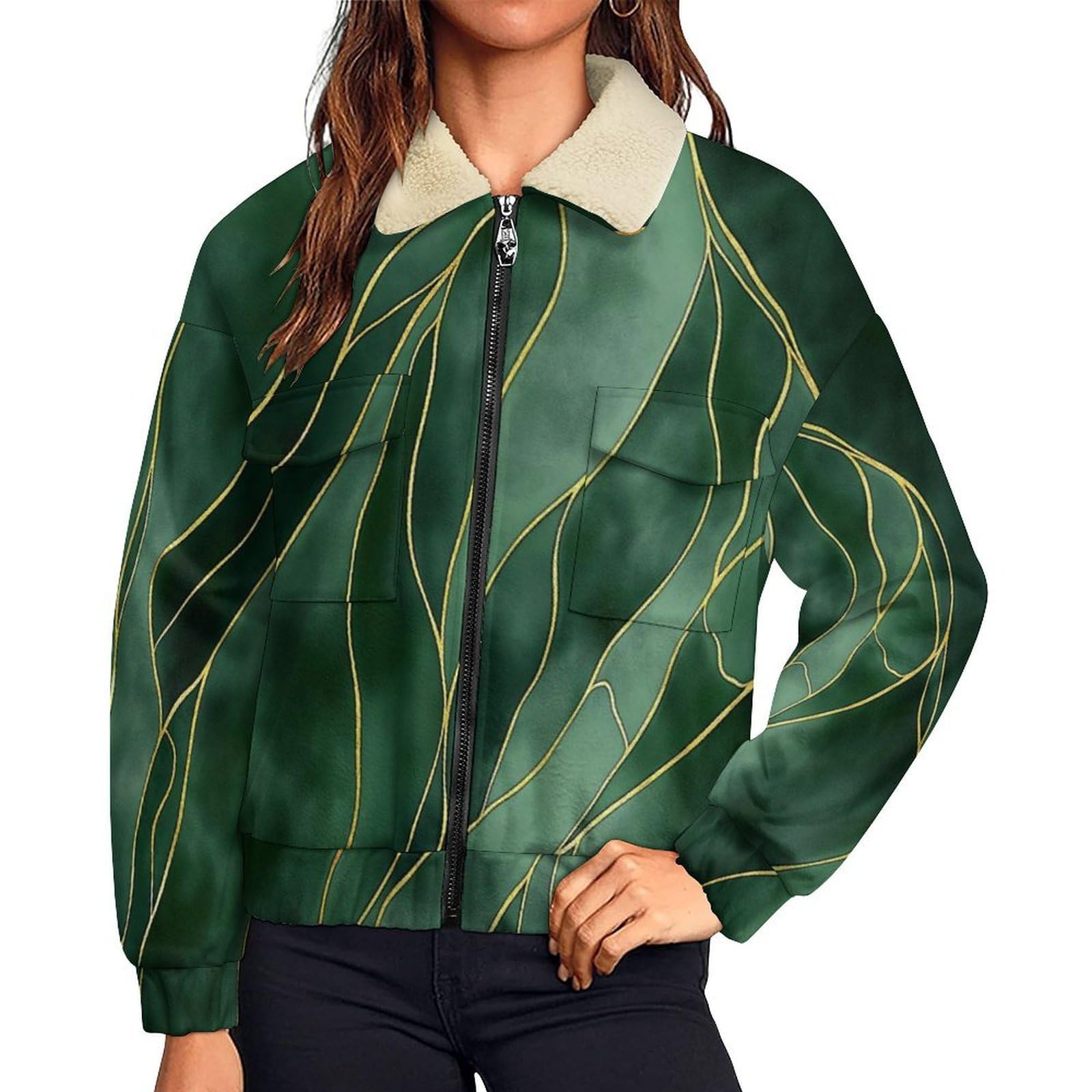 Giacca in Pile da Donna Teddy Fodera Peluche Sherpa con Cerniera, Stampa Piante Increspate, Giacca Acquerello Caldo Fleece Maniche Lunghe, Giacche Inverno con Tascabile