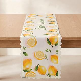 Lemon Table Runner 13 x 72 Inch, Watercolor Spring Summer Kitchen Decor | Watercolor Kitchen Dining Table Decor with Scalloped Edges, Spring Summer Runner for Little Lemon Baby Shower Party