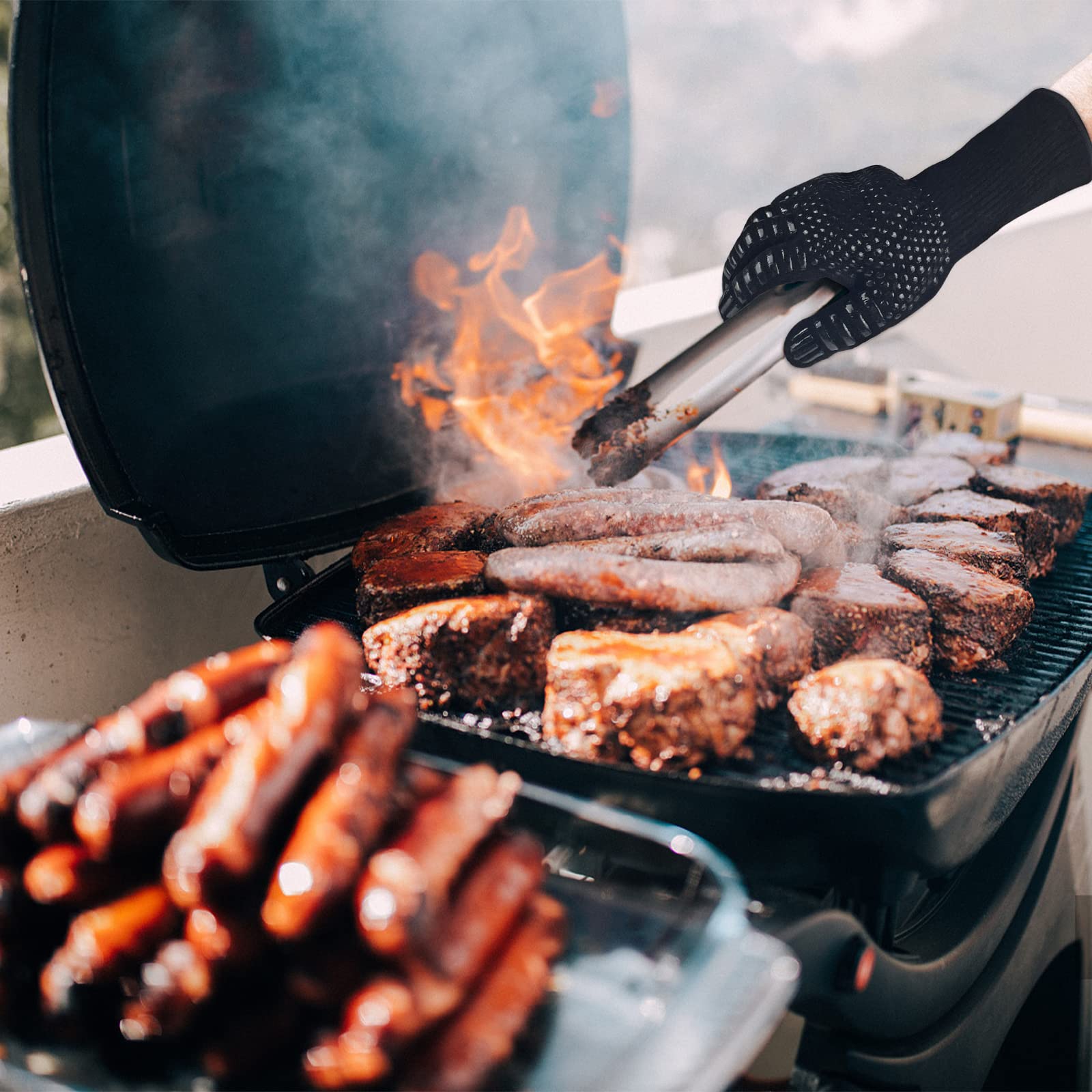 Newpop guanti barbecue Resistenza al Calore Fino a 800°C, professionali lunghi guanti ignifughi, Guanti da forno in Silicone Antiscivolo, Accessori BBQ, per Griglia, Camino, Cottura al Forno, Cucina