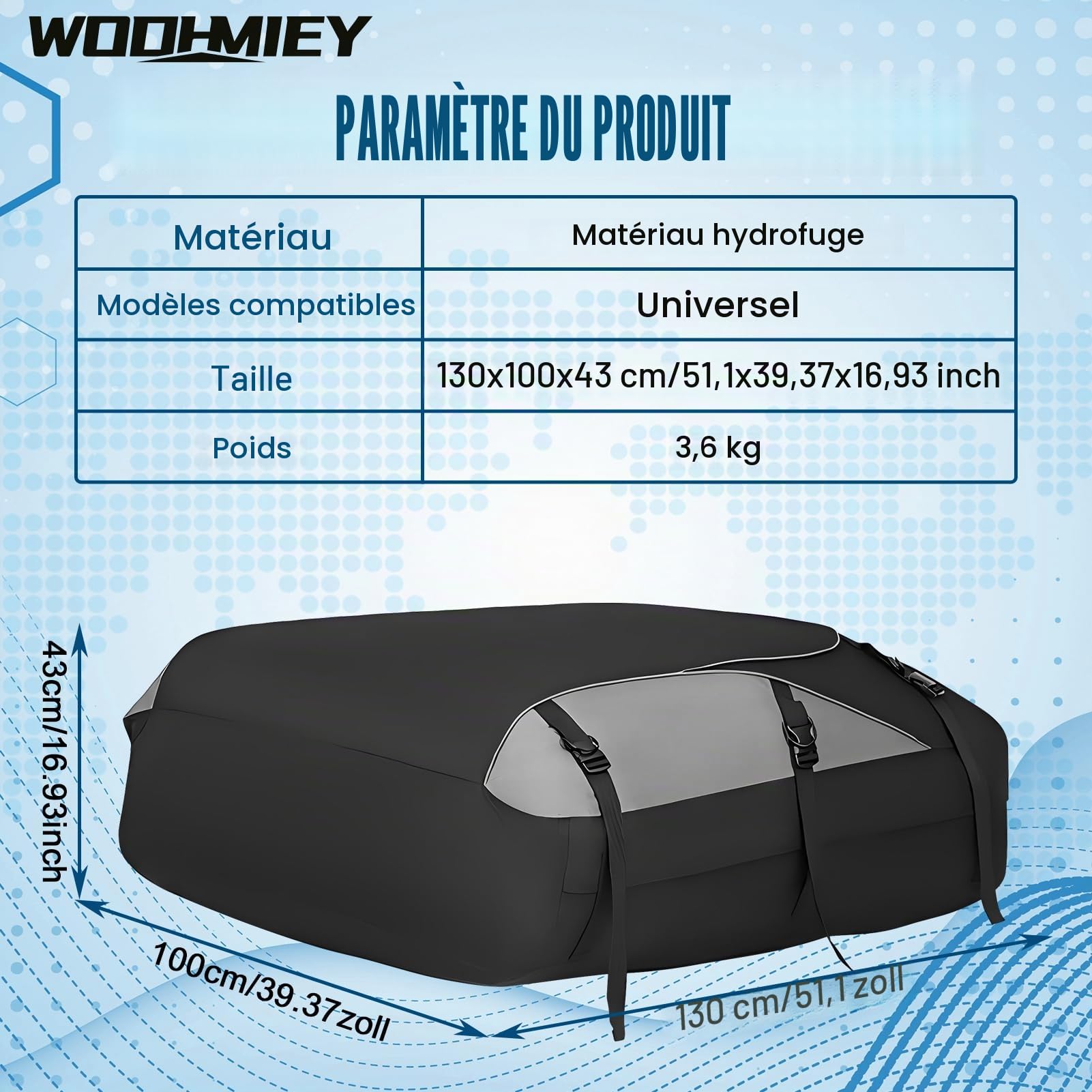 560L Sac de toit pliable 130x100x43cm, imperméable et résistant, avec crochets de porte, fermeture de sécurité, tissu Oxford 1000D, pour voyage, camping, toit de voiture, rangement facile