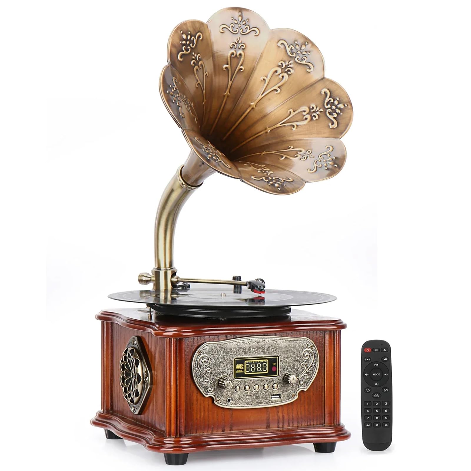 Tourne-disque vintage Bluetooth avec pavillon en cuivre et radio FM Tan
