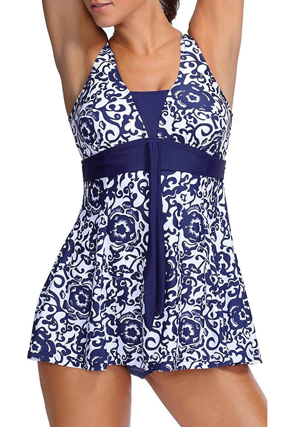 Costume da bagno intero da donna a pois con gonna per il controllo della pancia