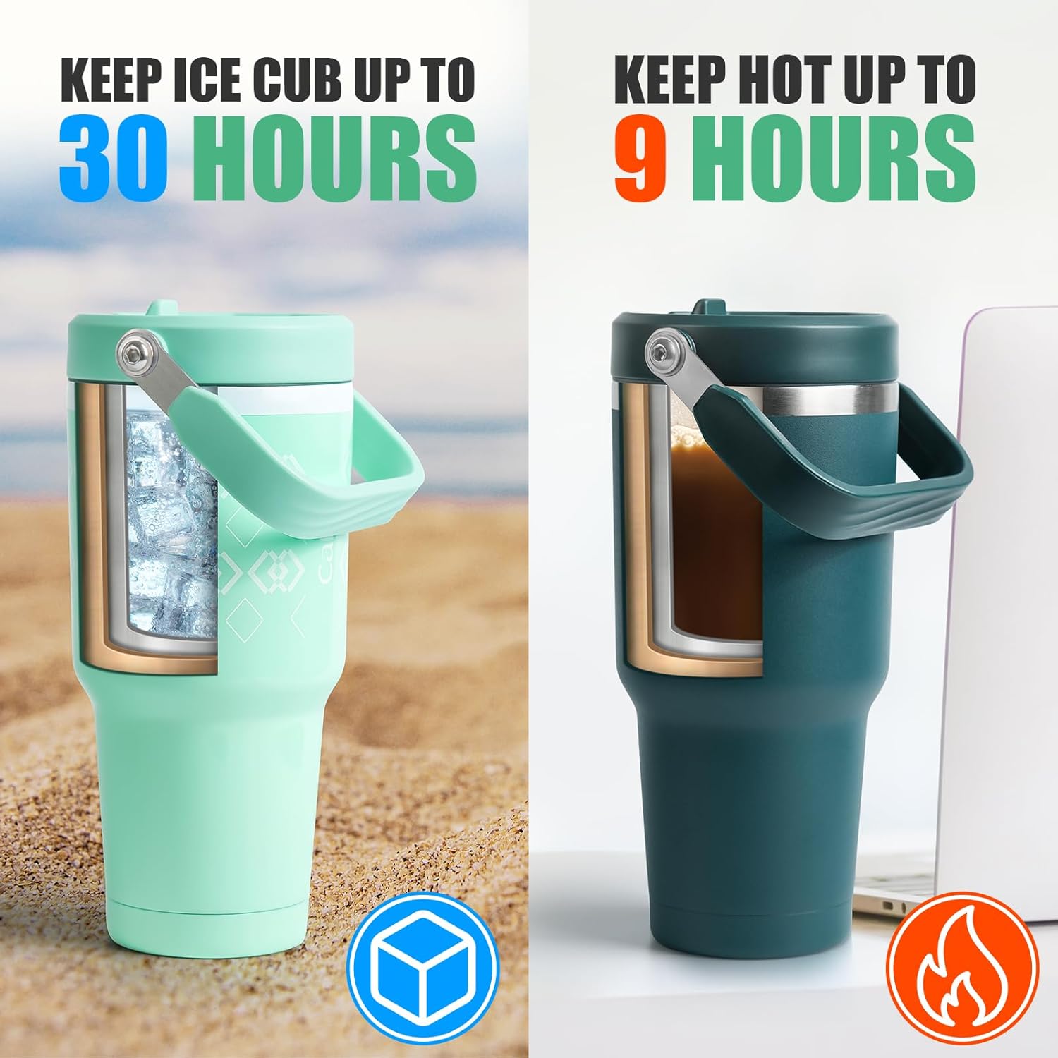 30 oz Tumbler with Handle, Vacuum Insulated Tumblers with Flip Straw and Top Handle, Reusable Insulated Cup for Home, Outdoors, Leakproof, Fits in Cup Holder, Cold for 30 Hours - Image 3