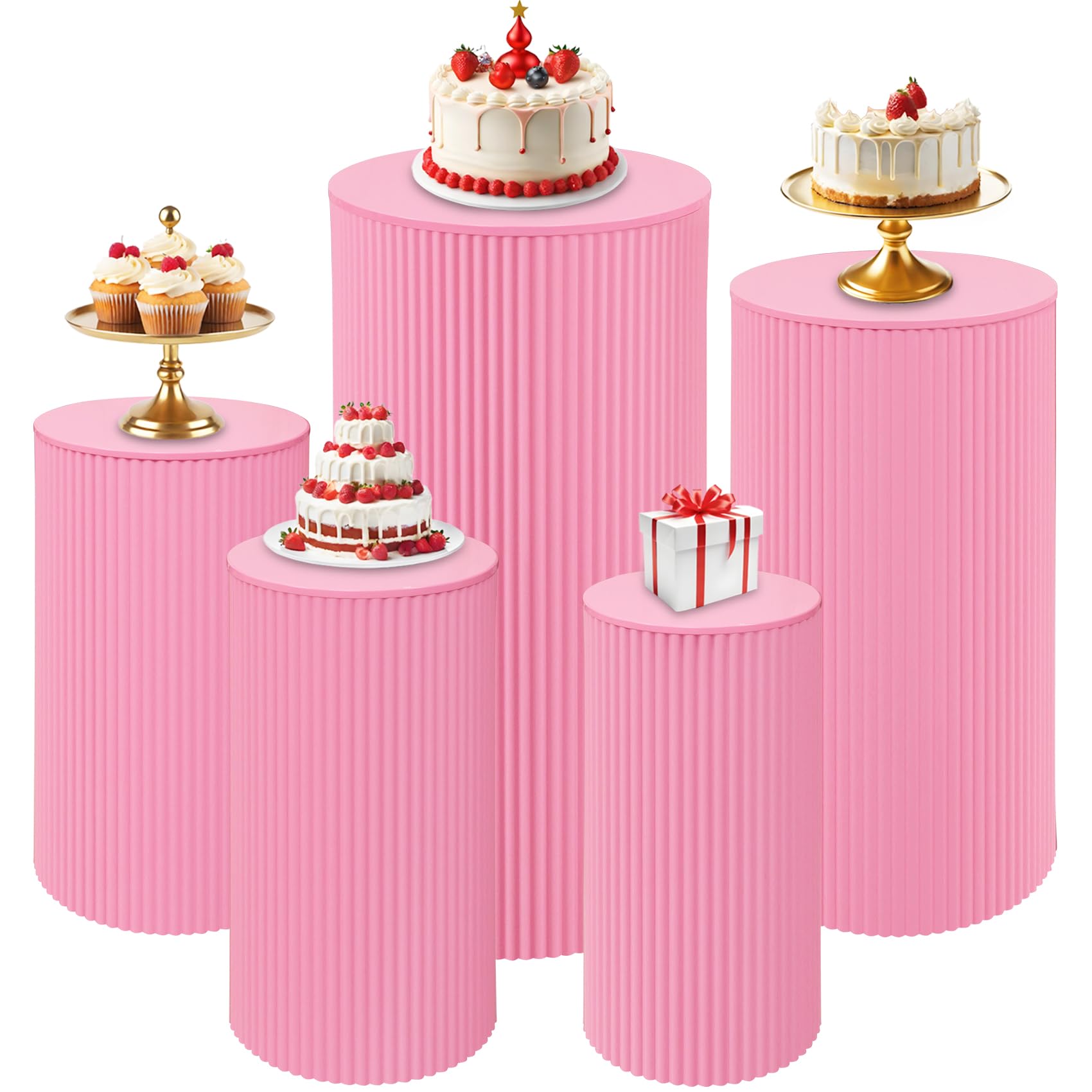 fivenl 5 pcs metal pleated cylinder pedestal stands for party, heavy duty pink round cake pedestal stand flower plant display plinth pillars for wedding birthday event decor (pink)