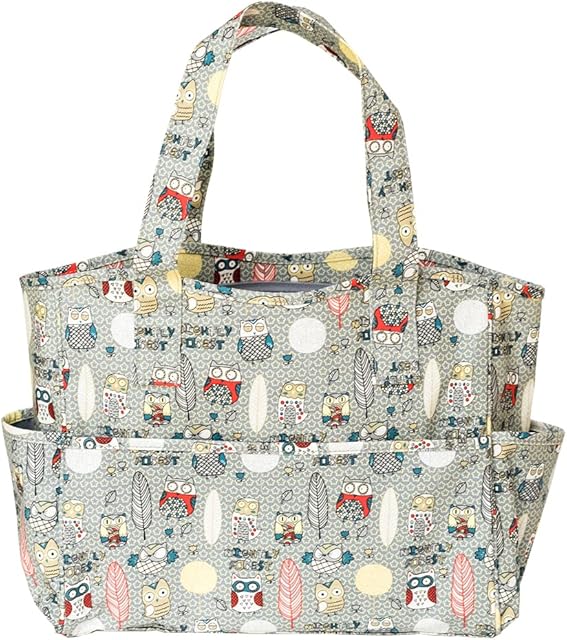 Korbond Craft Storage Bag  Nightly Forest Design  Tote Bag with Multipurpose Pockets for Knitting, Sewing, Cross Stitch, Embroidery Projects, Crochet  Grey Owl Pattern