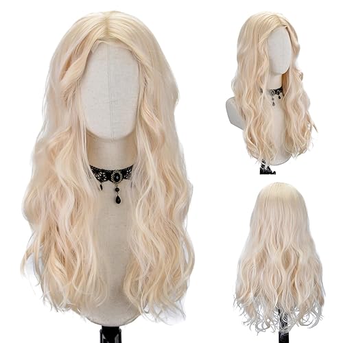 Peluca larga rubia ondulada para mujer, peluca de parte media con encaje rizado, ondulado, aspecto natural, peluca de fibra sintética resistente al