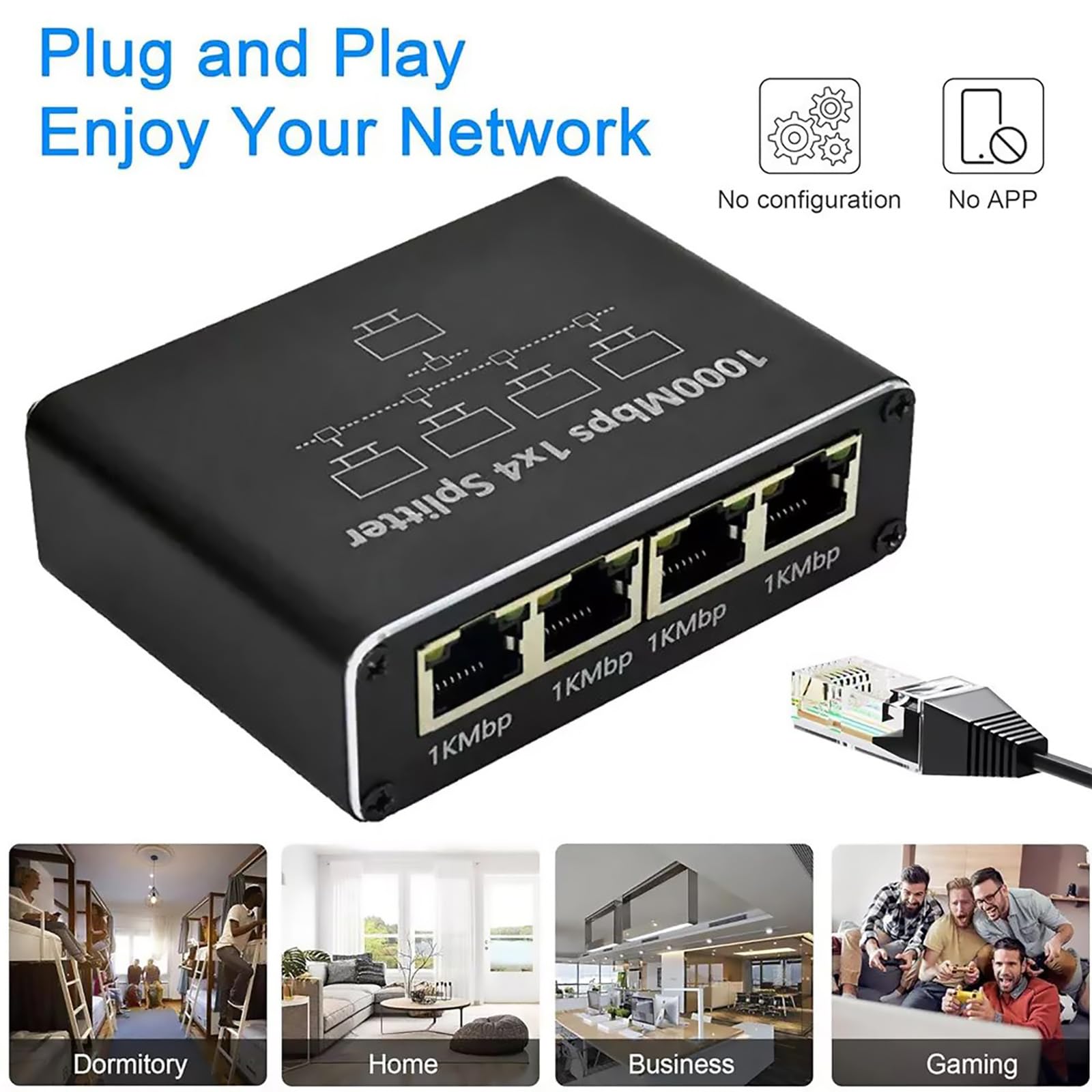 Rozdzielacz Gigabit Ethernet 1 do 4, rozdzielacz sieciowy z kablem zasilającym USB, adapter rozdzielacza internetowego RJ45 1000 Mb/s wysoka prędkość do kabla Cat 5/5e/6/7/8 [4 urządzenia połączone