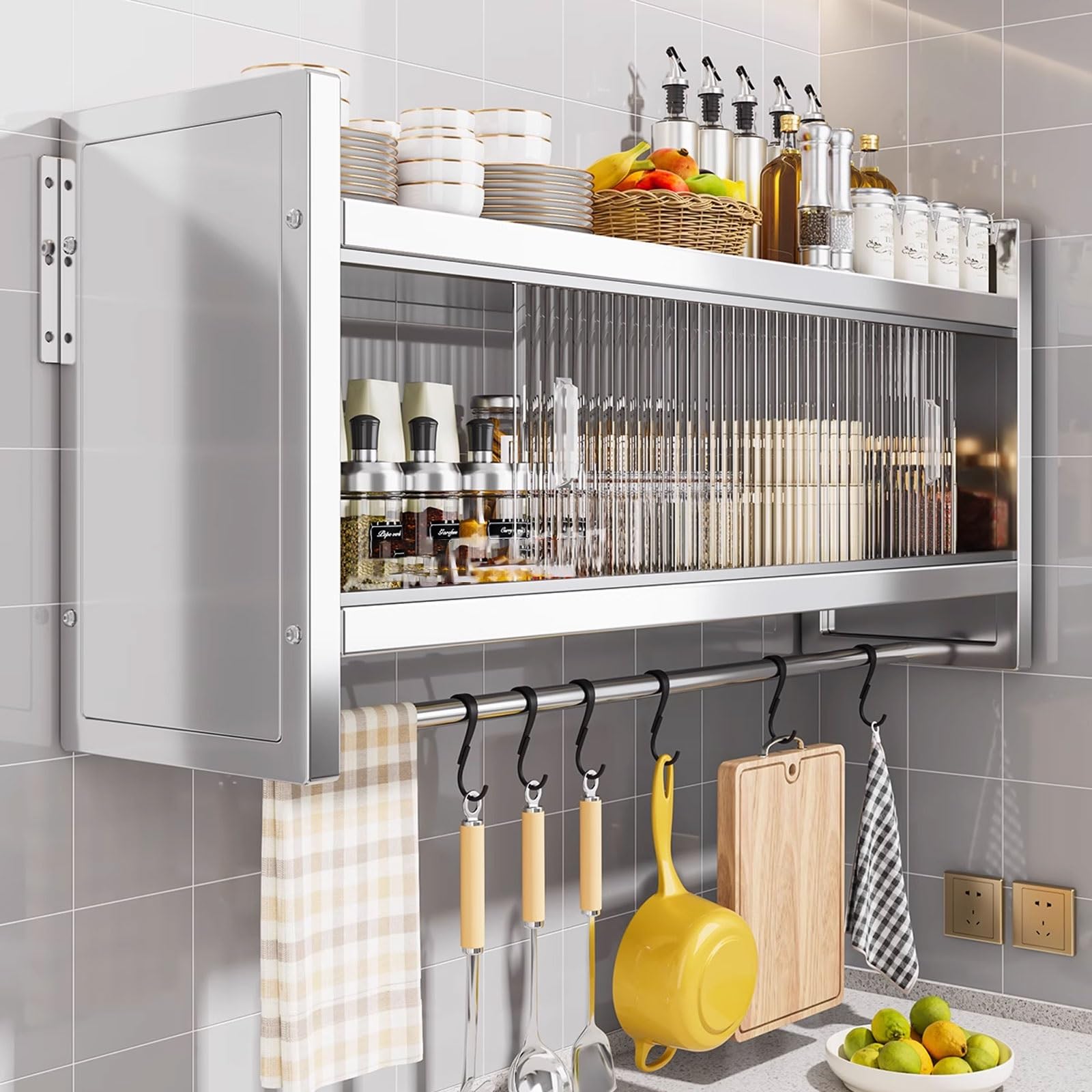 Wandschrank, Küchenaufbewahrung mit Schiebetür und Hängestange, Edelstahl, großes Fassungsvermögen, mehrere Seitengeländer, ideal für Garage und Heimorganisation
