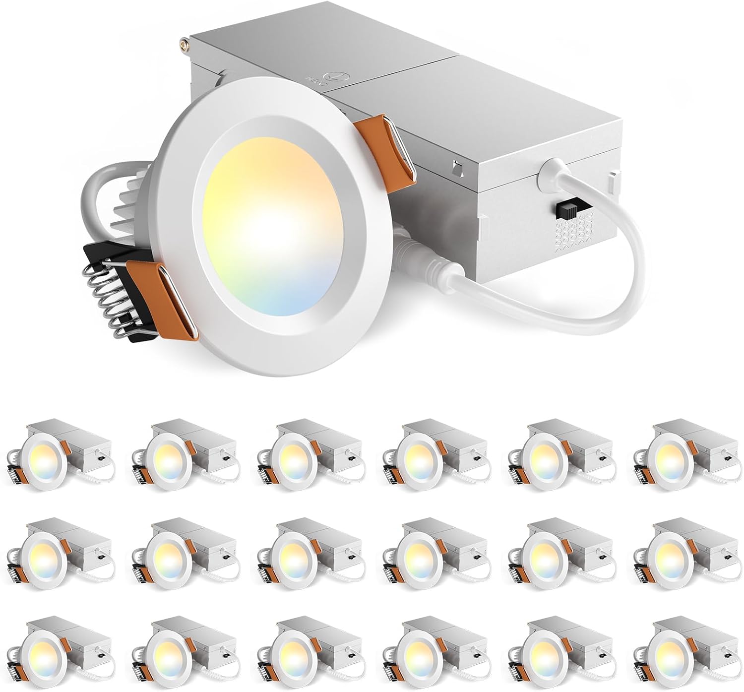 Amico 18 Pack 2 Inch 5CCT Ultra-Thin LED Canless Recessed Ceiling Light with Junction Box, 2700K/3000K/3500K/4000K/5000K Selectable, CRI90+, 6W=40W, 350LM, Dimmable Canless Wafer Downlight-ETL&FCC - A