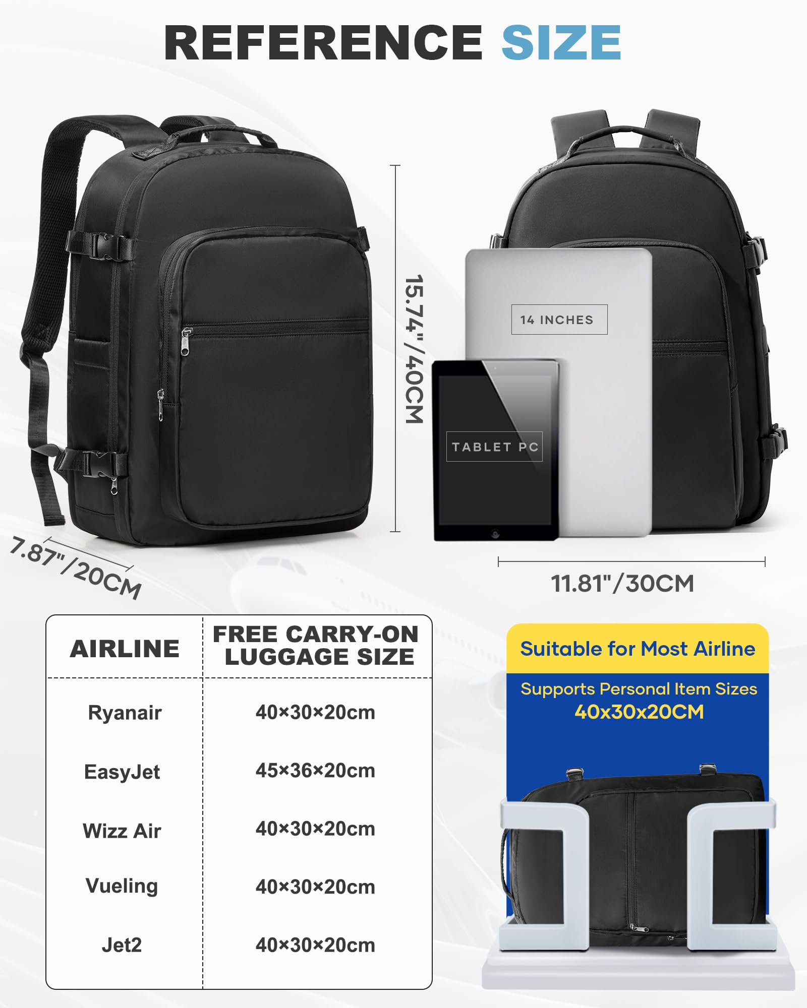 Vakuum Rucksack 40x30x20 Wizzair Ryanair Handgepäck 40x30x20 Rucksack Handgepäck Flugzeug Reiserucksack Vakuum Damen Herren Schwarz