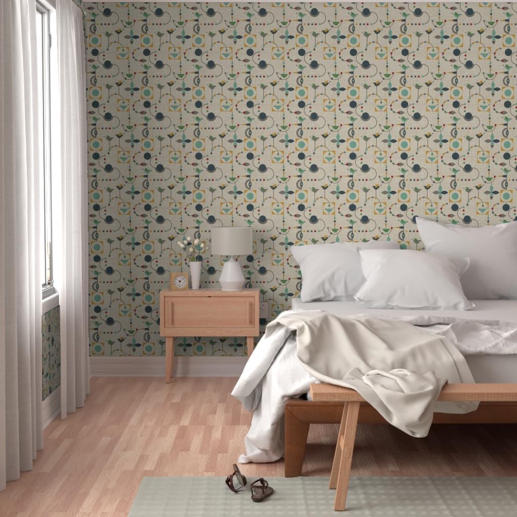 Peel & Stick Wallpaper Swatch - Green Geometric Mid Century Modern Bird Rocket 1950S Atomic Birds Retro Gender Neutral Custom Removable Wallpaper by Spoonflower