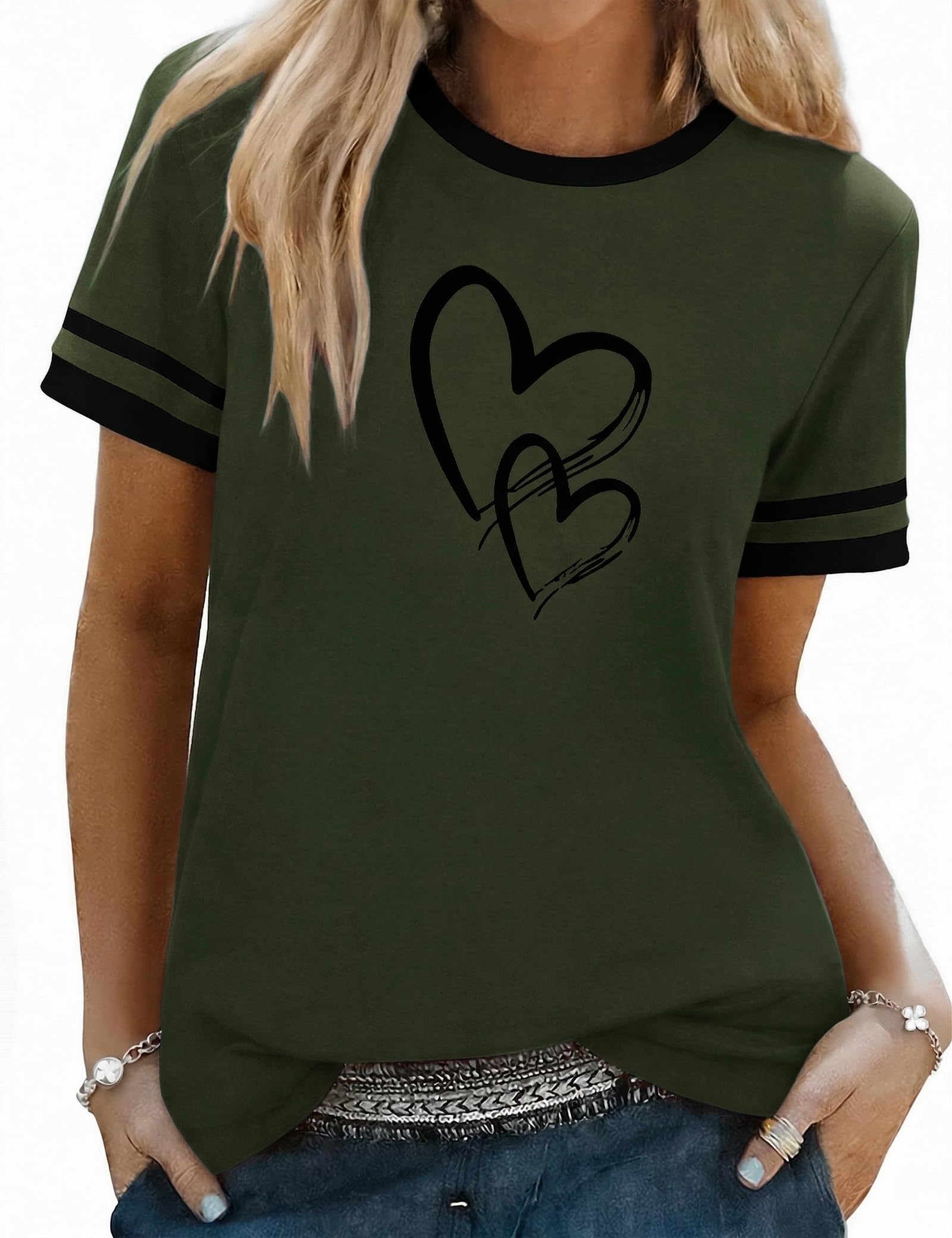 Aottori T-Shirt Damen Baumwolle Rundhals Kurzarm Oberteil Sommer Basic mit Herzen Print Tee Shirts Frauen Stretch Oversize Top Casual