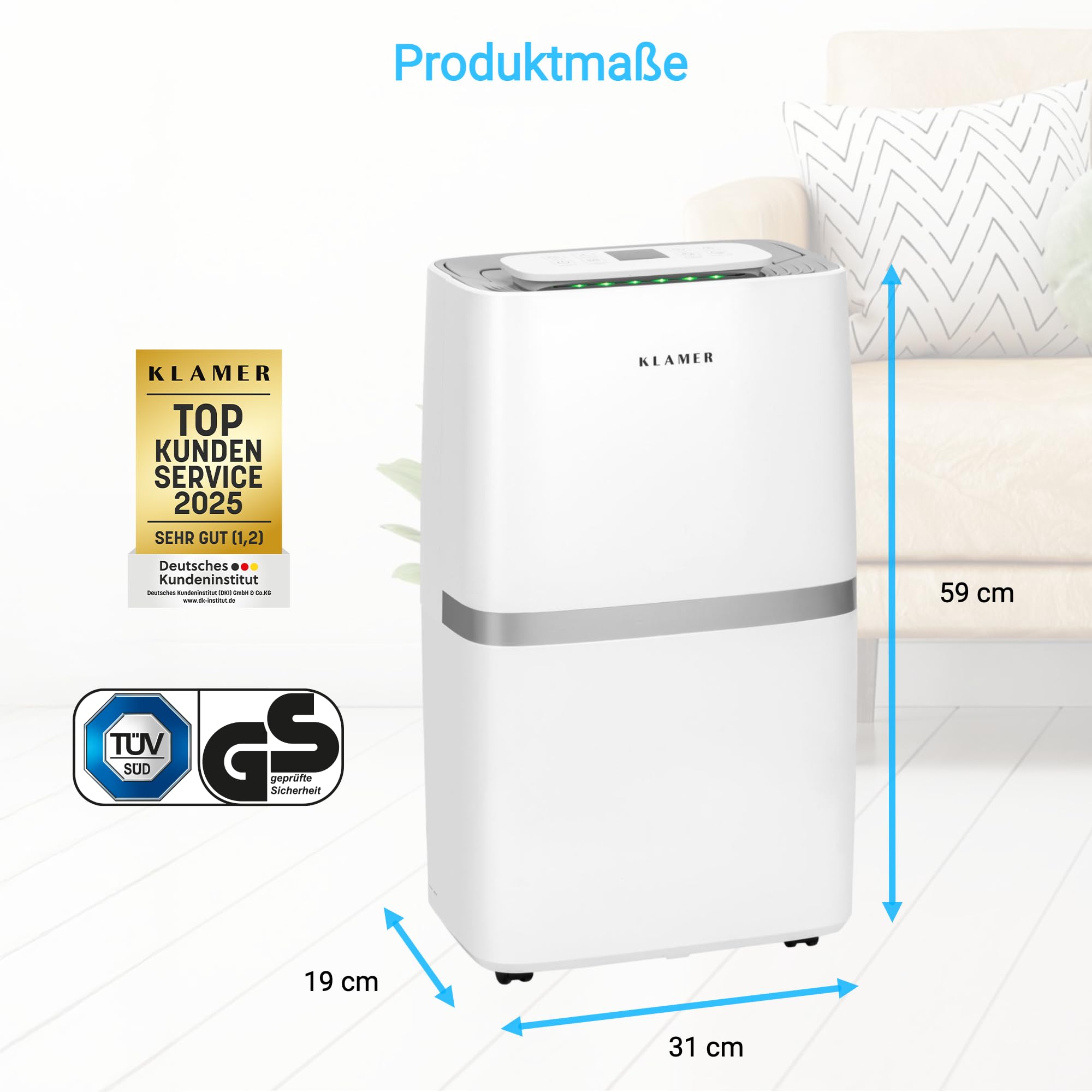 KLAMER Luftentfeuchter elektrisch 20L in 24h mit 5,5L Tank – Leiser, energieeffizienter Raumentfeuchter mit Smart Sensor, Timer & Wäschemodus – Gegen Schimmel, Feuchtigkeit & Kondenswasser