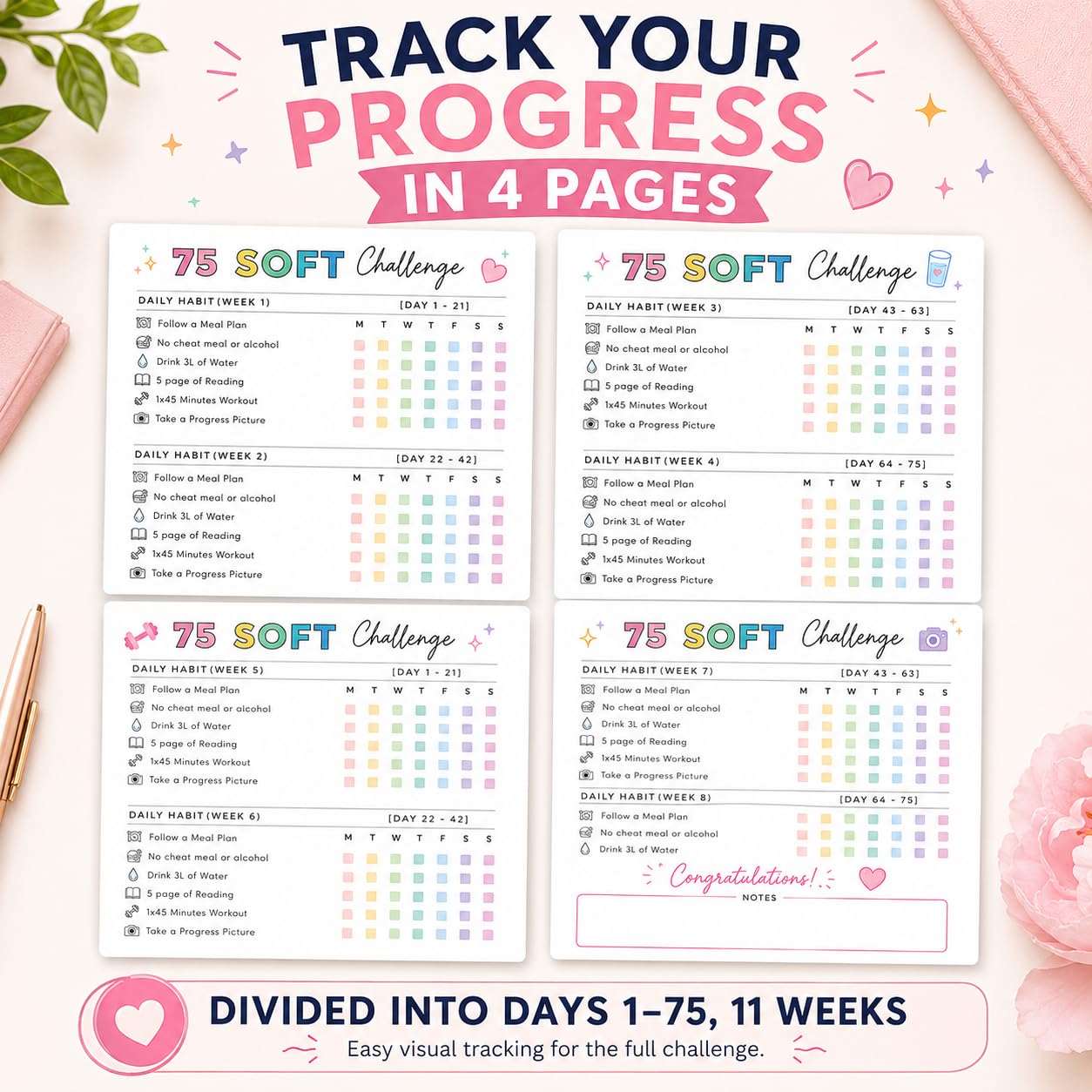 75 Soft Challenge Planner da donna, formato A4, spirale 75 Soft Challenge Journal, libro sfide morbido da 75 giorni con copertina impermeabile in PVC, tracker giornaliero delle sfide morbide 75
