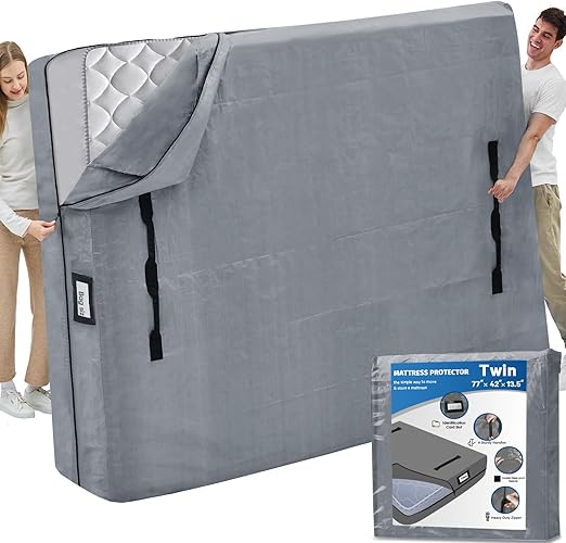 Mattress Bags for Moving and Storage, BETU Twin Mattress Protector Waterproof Mattress Cover with 8 Heavy Duty Handles and Zipper Extra Thick Moving Supplies for Dorm Bed Reusable (77x42x13.5" Grey)