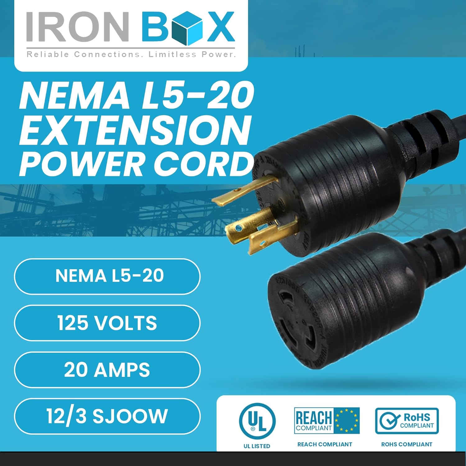 IronBox Electric NEMA L5-20 Plug to L5-20 Connector - 20A, 125V, 12/3 SJOOW - UL Listed Twist Lock Power Adapter - Heavy Duty Extension Cord for Generator, RV, Data Centers, PDU & More (15ft, Molded)