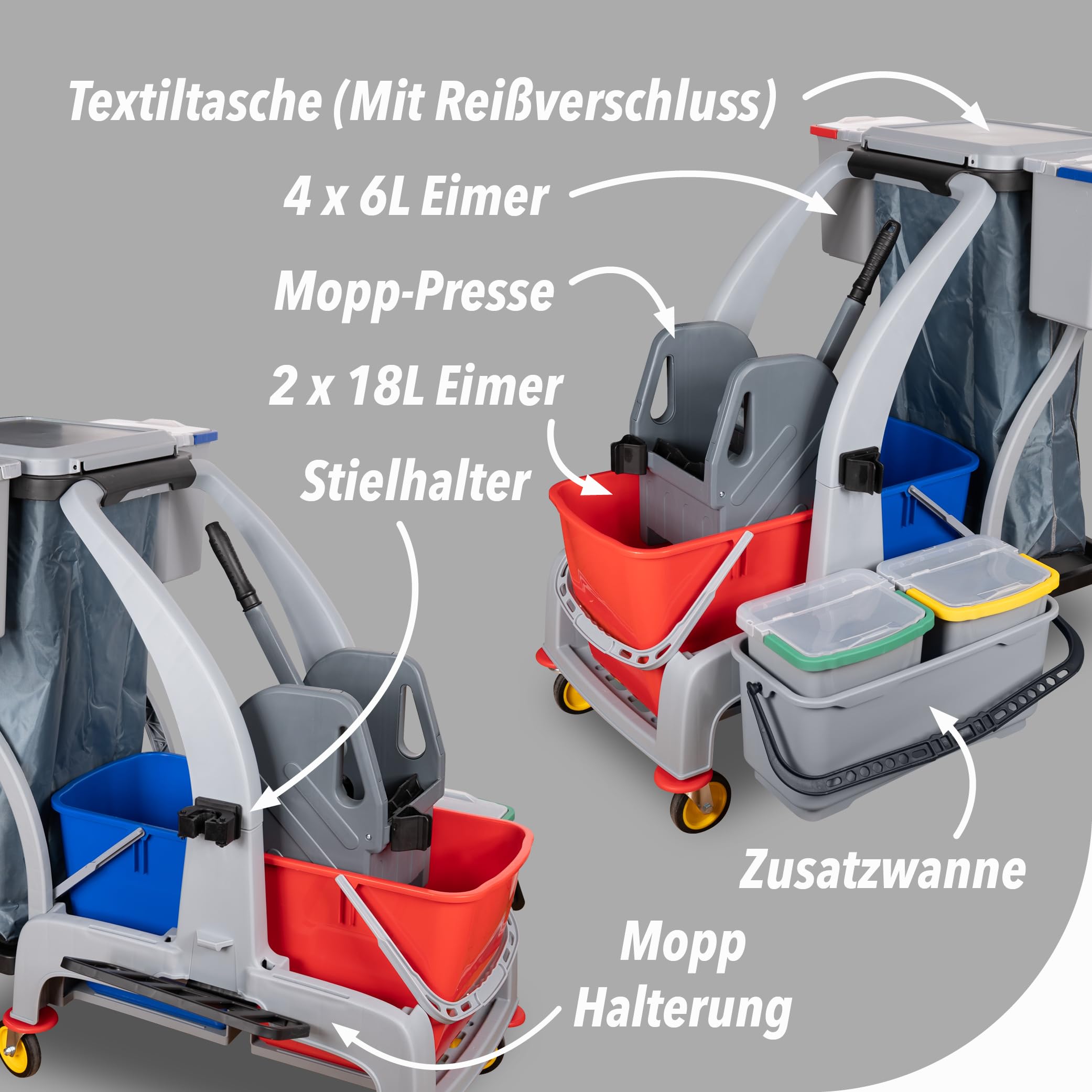G.I.V. Multifunktions Reinigungswagen - Putzwagen mit Vertikalpresse, 2x18L Eimer, 4-Farbsystem Eimer + Deckel je 6L, zusätzlicher Putzeimer, Dauerabfallsack, leise Räder, Halterungen für Stiel + Mopp