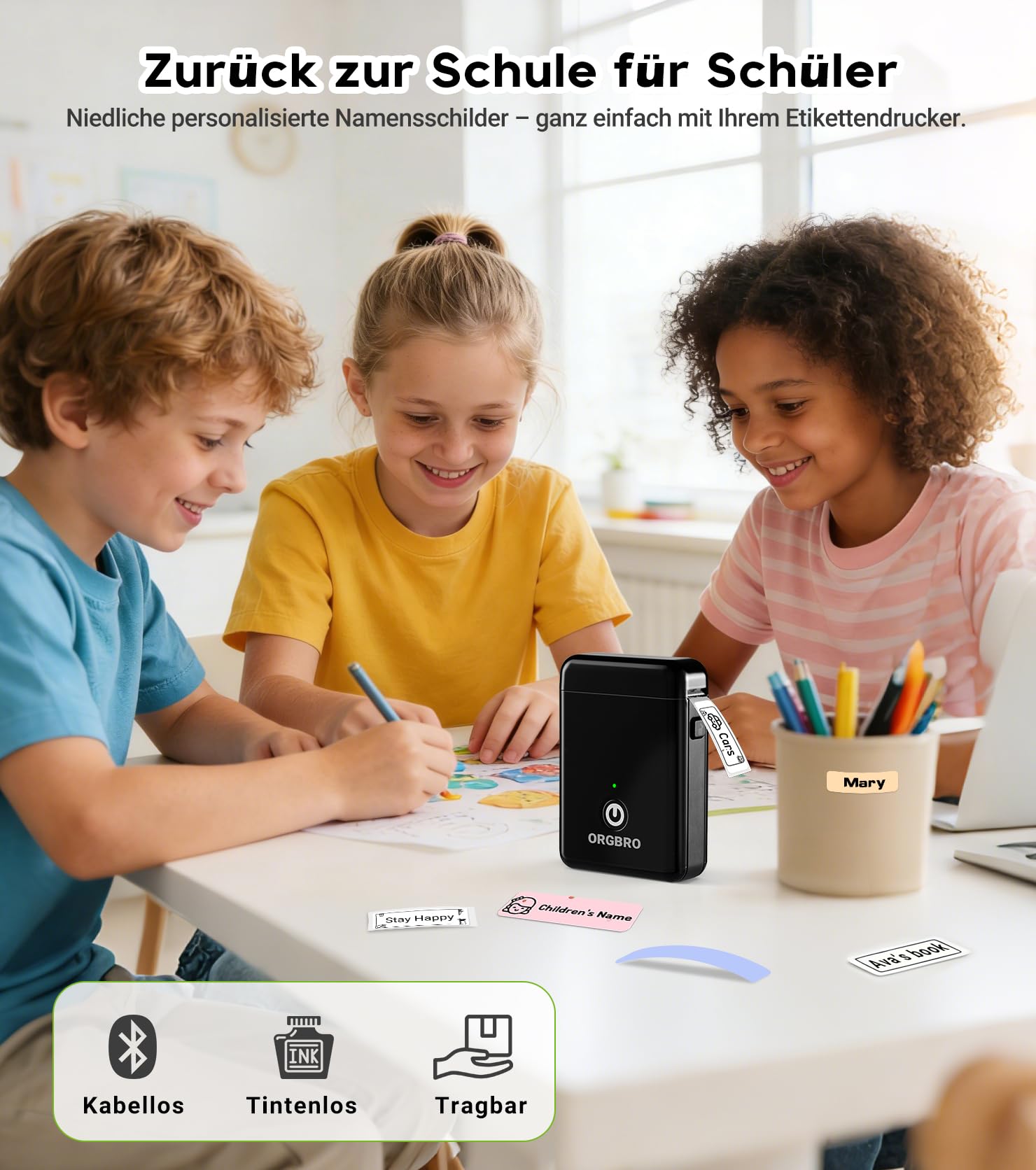ORGBRO X1 Etikettendrucker, Etikettiergerät Mini Bluetooth Thermal Labeldrucker Selbstklebend Beschriftungsgerät, Tragbarer Label Maker für iOS/Android, Etikettiermaschine für Zuhause, Büro (Schwarz)