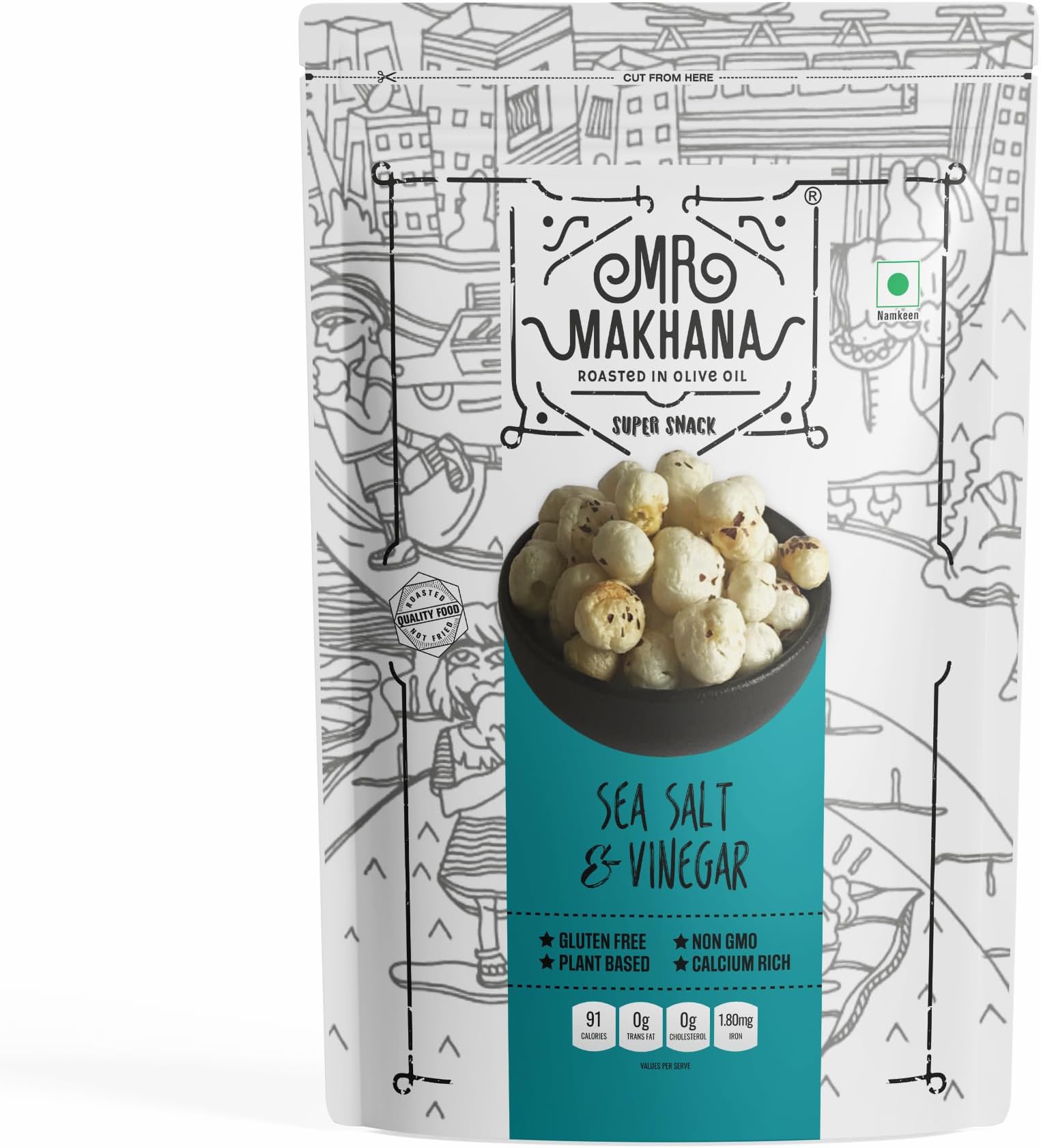 Mr Makhana Sea Salt & Vinegar 75g I Gluten-free I MSG Free I Healthy Snacks I Roasted in Olive Oil I Zero Trans Fat I Rich Calcium I Roasted Makhana & Foxnuts