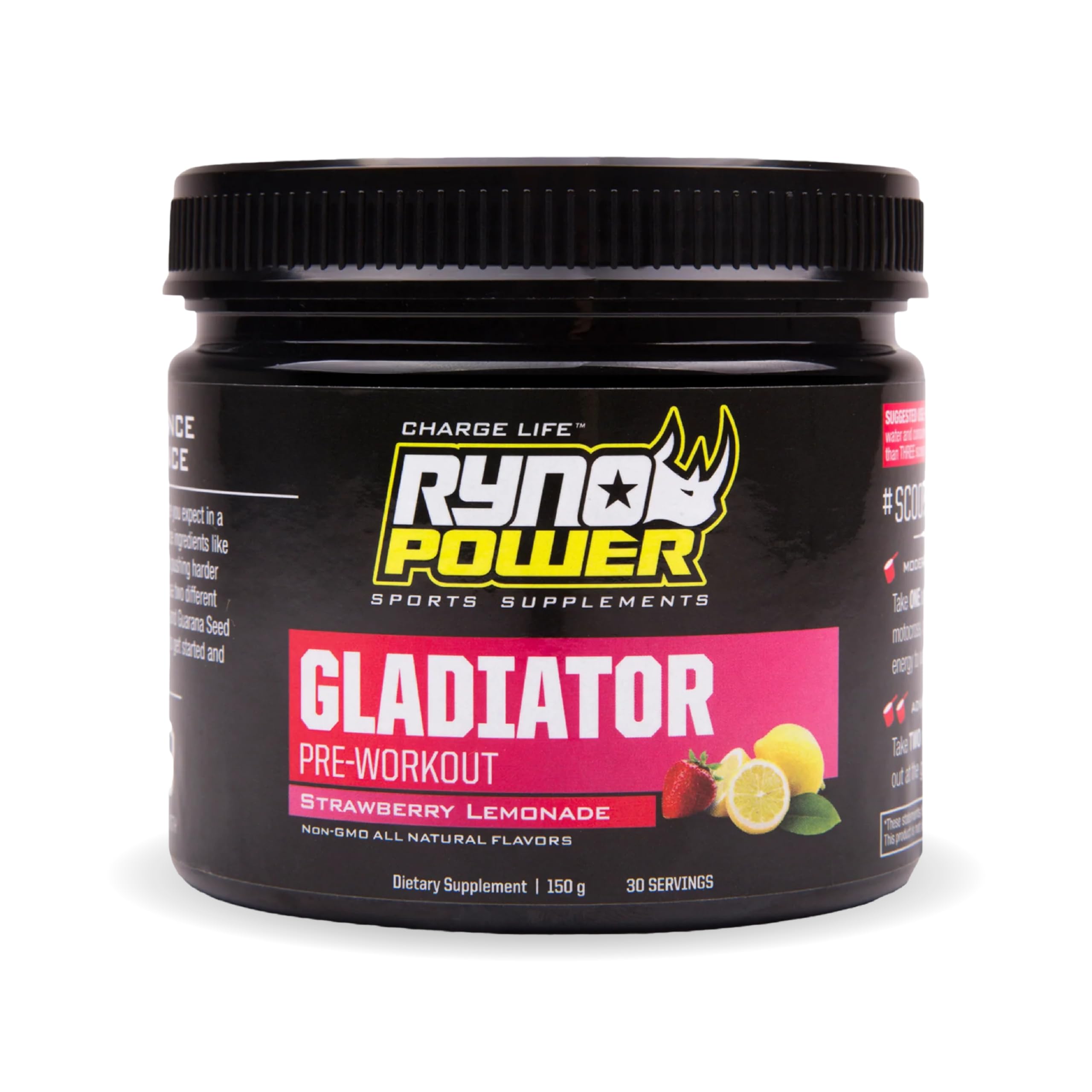 Ryno Power Pré-treino em pó com cafeína, extrato de semente de guaraná, Rhodiola e ActiGin, sabor limonada de morango, 30 porções (150 g)