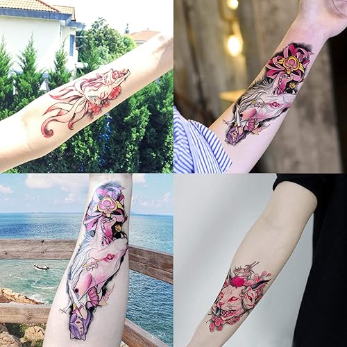 Miniatura 3 de Oottati 6 hojas de calcomanías de tatuaje temporal de gato de tigre, nueve colas, zorro, esfinge, rosa, para brazo y pierna