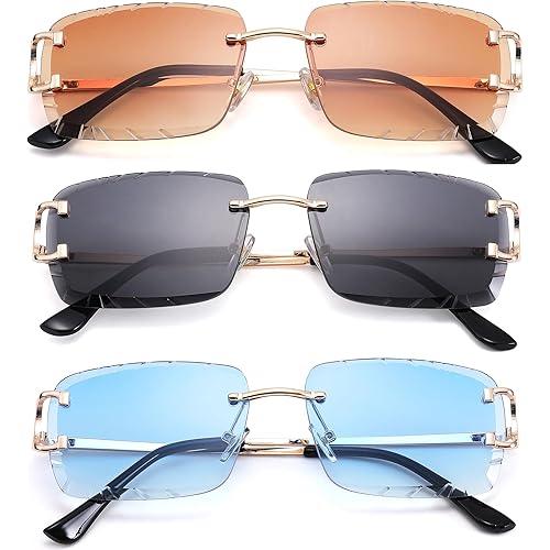 Rimless Rectangle Sunglasses for Men/Women- Frameless Square Trendy Shade - Diamond Cutting Eyewear