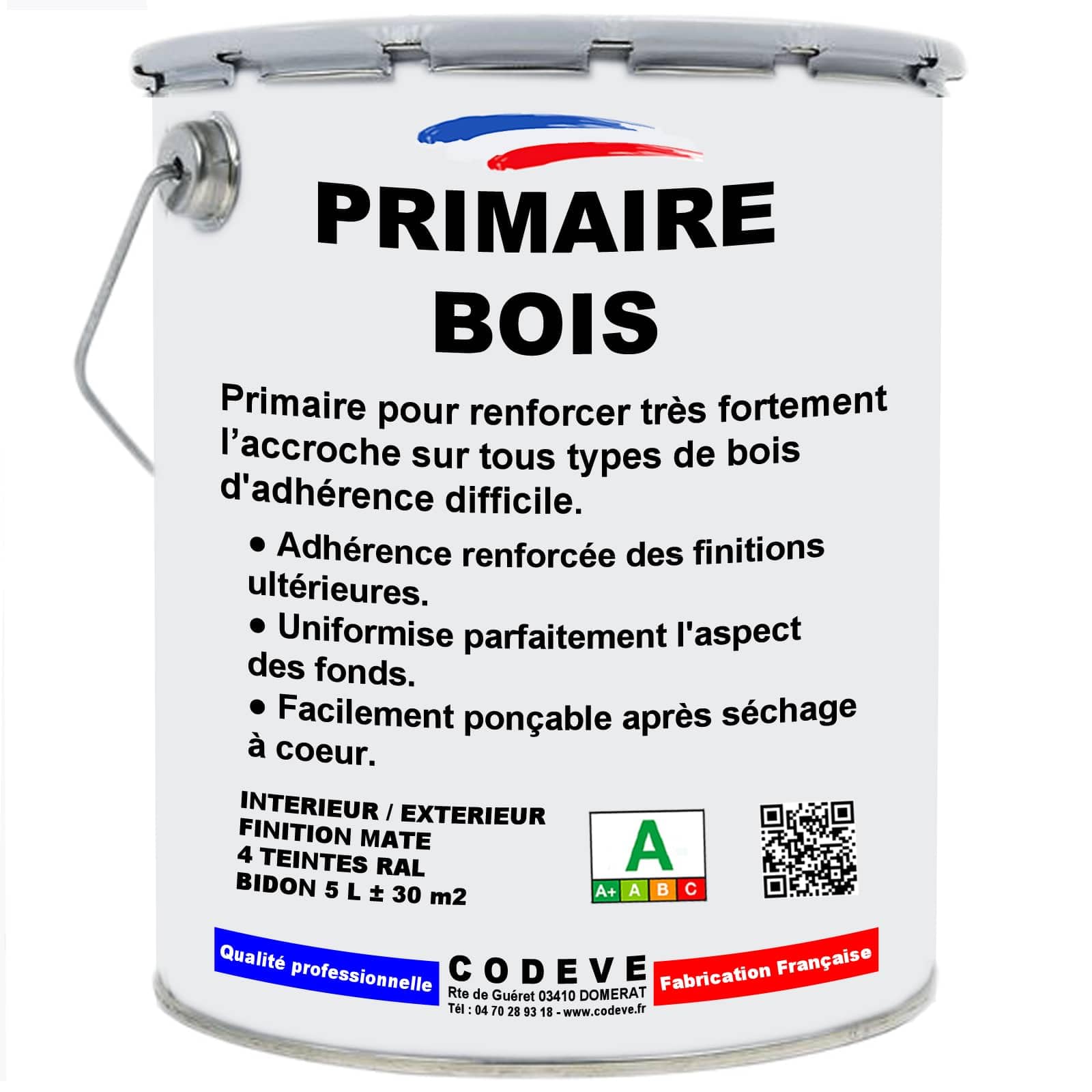 Primaire Bois - Codeve Bois/RAL 9010 - Blanc pur - 5L - Intérieur/extérieur - Pour Renforcer L'adhérence Sur Votre Bois Avant Une Finition.