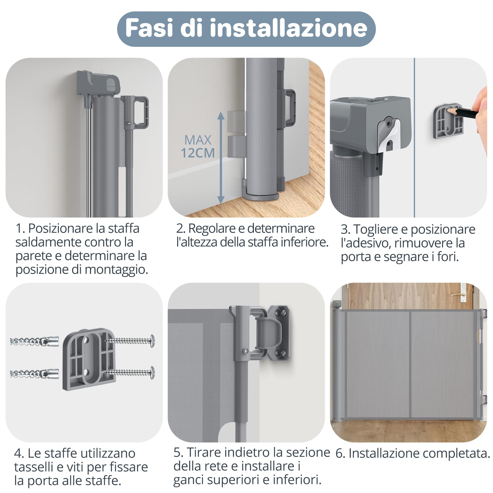 Cancelletto di Sicurezza Retrattile per Bambini, 0-140 cm, Cancelletto di Sicurezza per Cani, Cancello Bambini Adatto per Scale, Corridoi, Interni ed Esterni Grigio