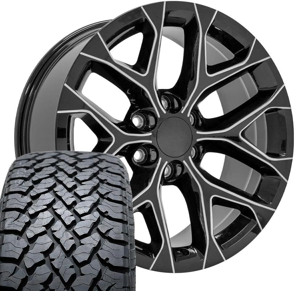 OE Wheels CV98 20 Inch Rims and Tires Fit Silverado 1500 Snowflake Style 6x139.7 20x9 Gloss Black with Milled Edge - Hollander 5668 - TS-37 AT 275/55-20 (Set of 4)