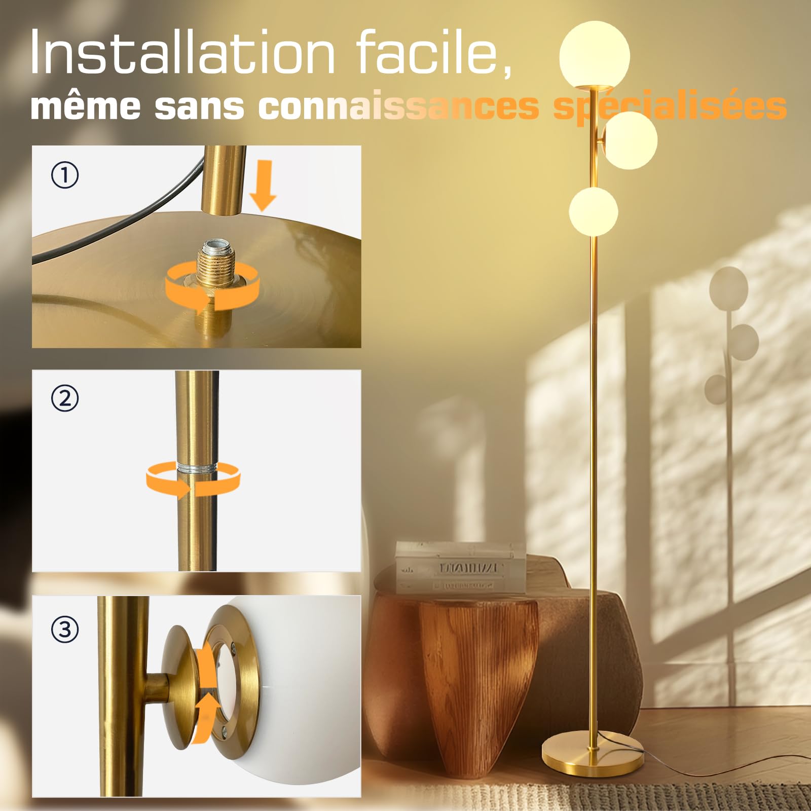 Lampadaire LED Dimmable vintage,168cm Lampe doré sur Pied 3 lumières rondes avec télécommande,Lampadaire pour Chambre, Salon, Bureau