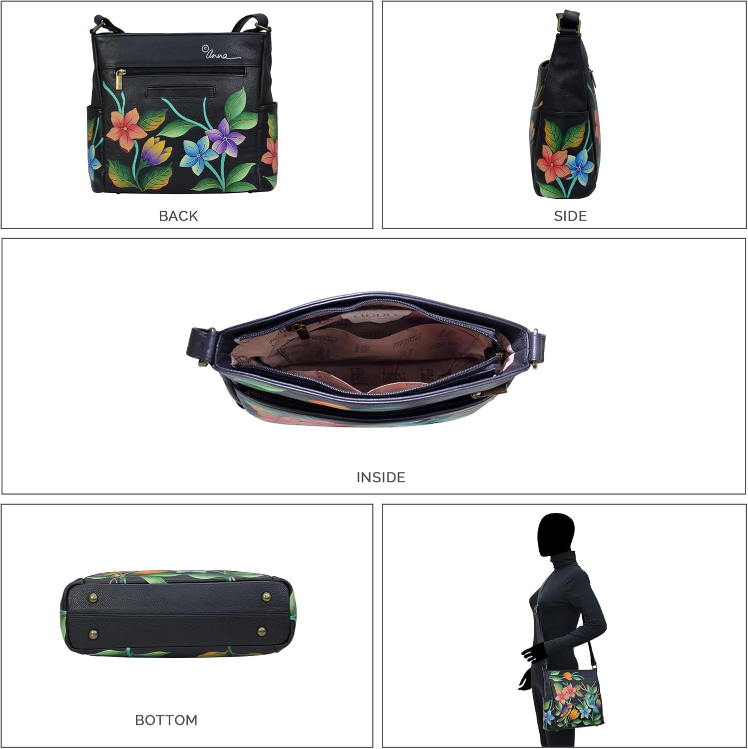 Anna by Anuschka Women's Hand-Painted Genuine Leather Crossbody with Side Pockets - Image 5