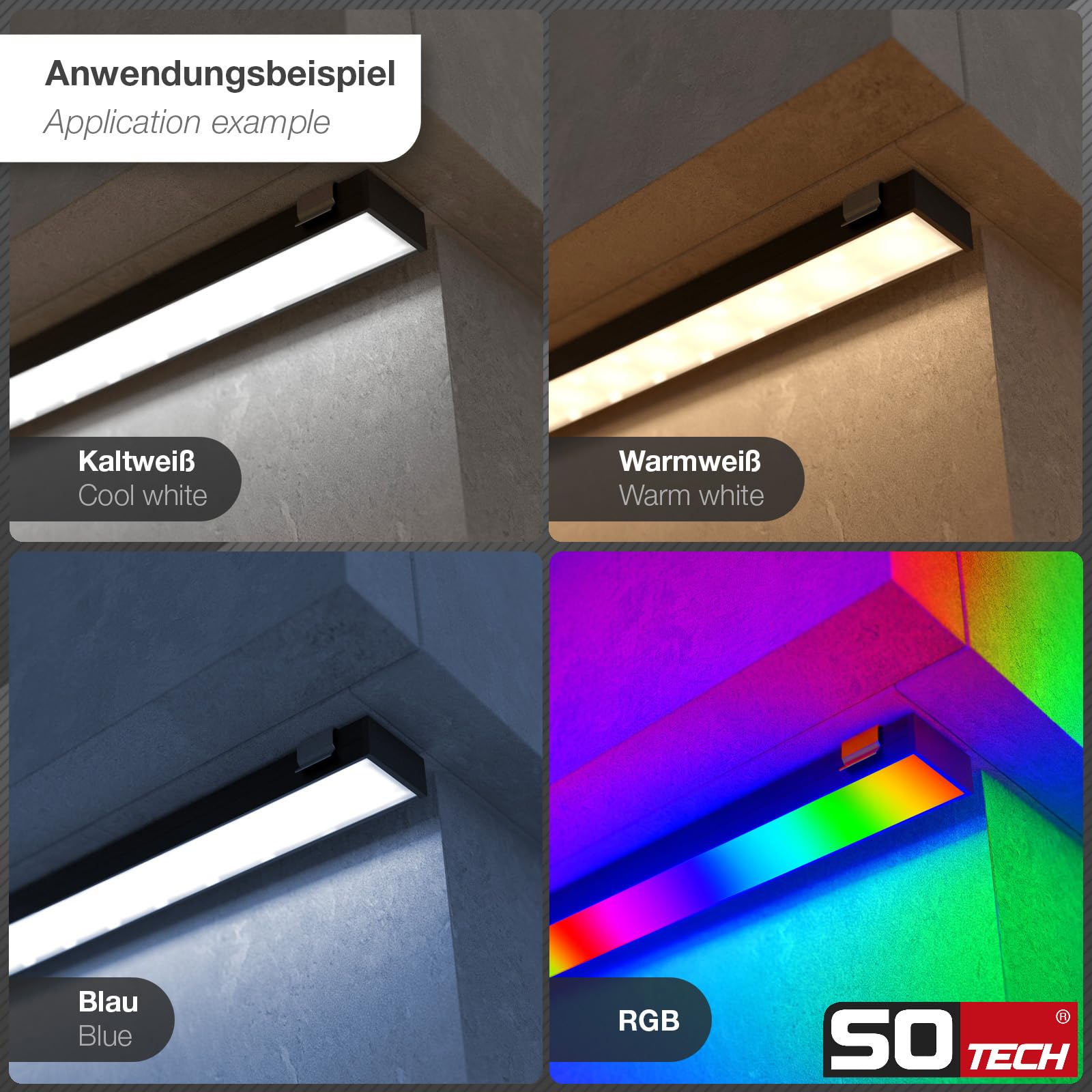 SOTECH LED Profil-PH1 (2000 x 18 x 8,5 mm) Schwarz für breite LED Stripes bis 16 mm (z.B. für Philips Hue LightStrip) Aufbauprofil mit opaler Abdeckung und Endkappenset